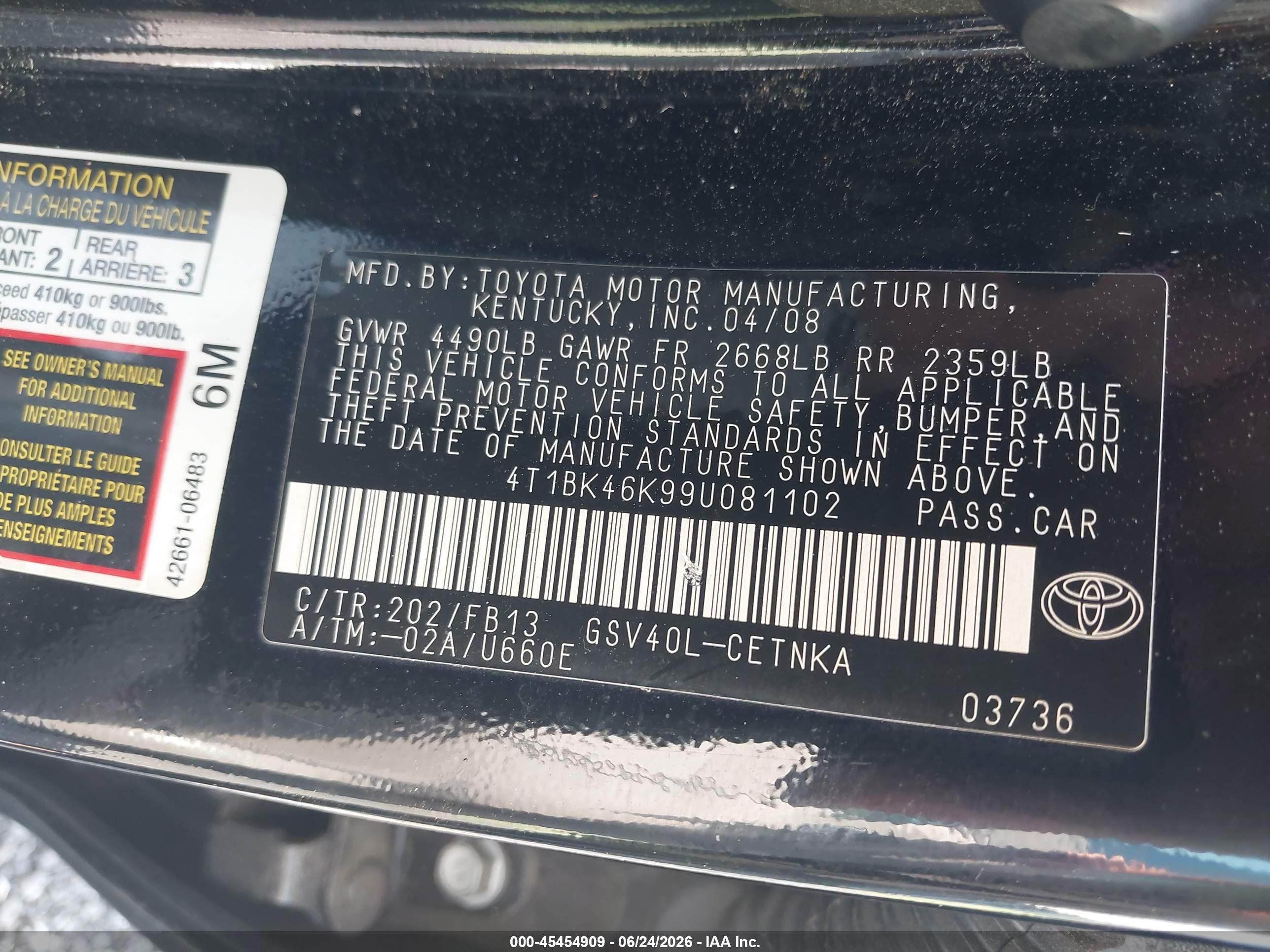 2009 Toyota Camry Le V6 Black vin: 4T1BK46K99U081102