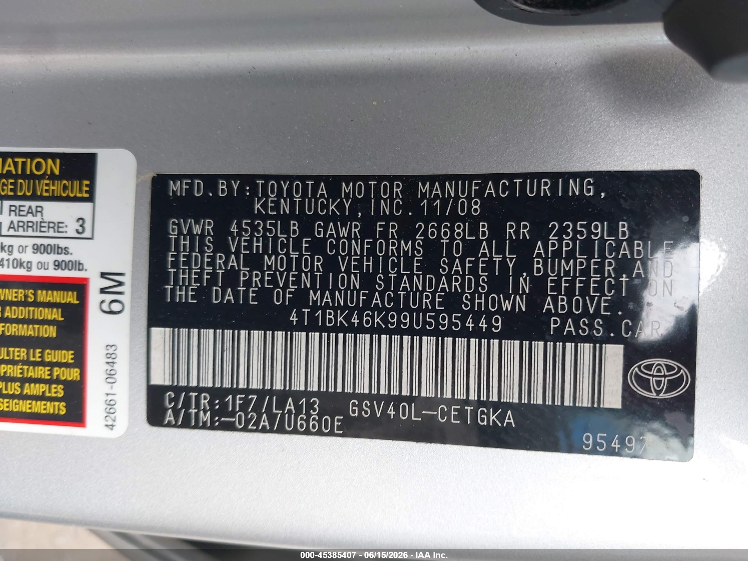 2009 Toyota Camry Xle V6 Silver vin: 4T1BK46K99U595449