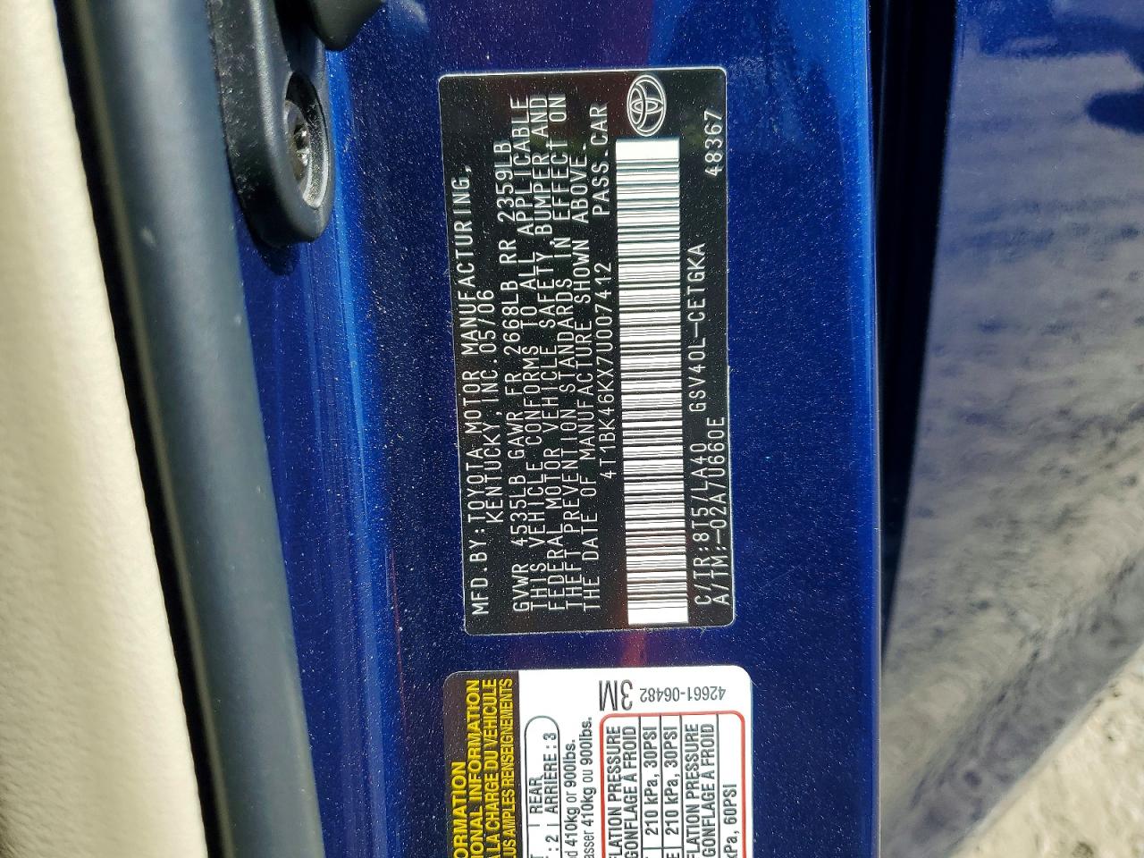 2007 Toyota Camry Xle V6 Blue vin: 4T1BK46KX7U007412