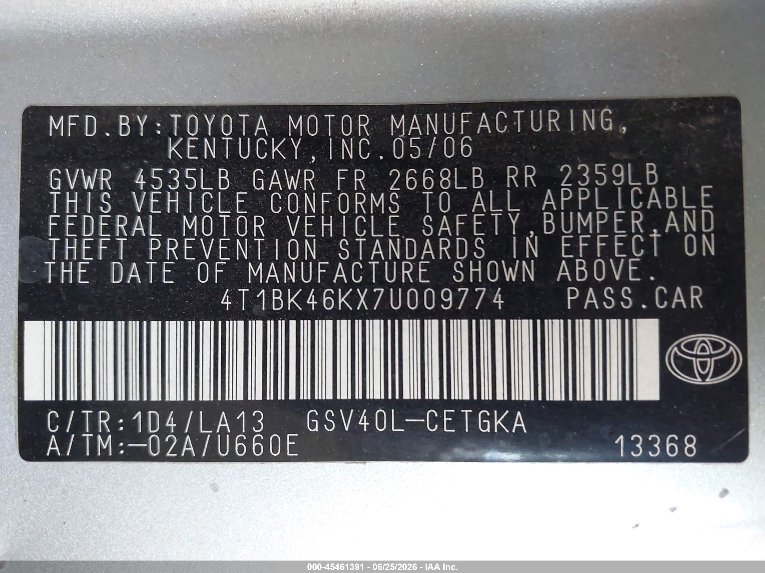 2007 Toyota Camry Xle V6 Silver vin: 4T1BK46KX7U009774