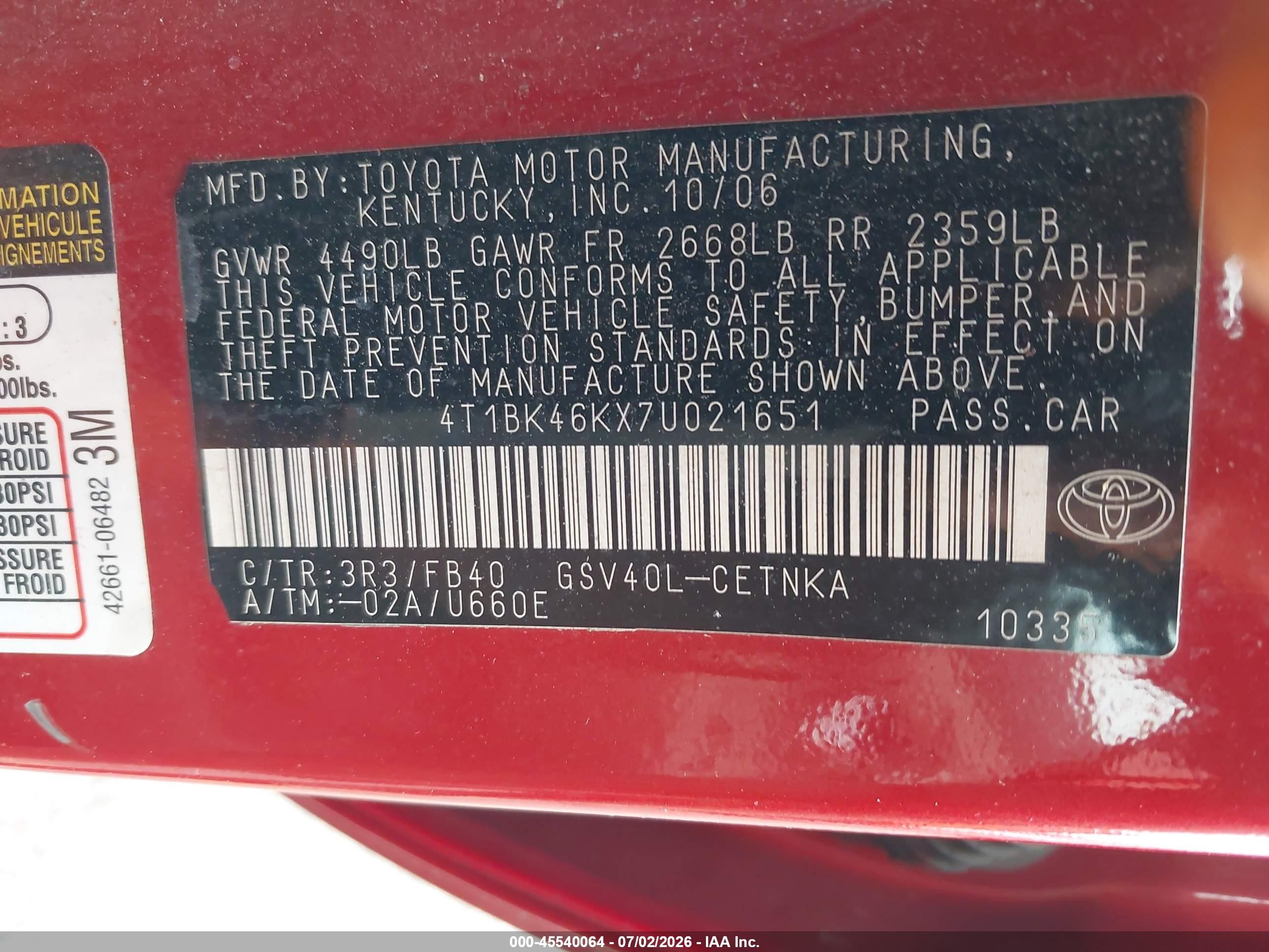 2007 Toyota Camry Le V6 Красный vin: 4T1BK46KX7U021651