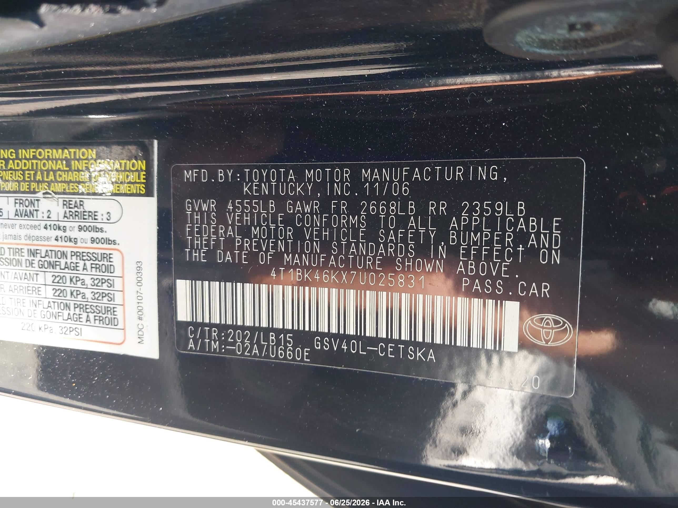 2007 Toyota Camry Se V6 Black vin: 4T1BK46KX7U025831