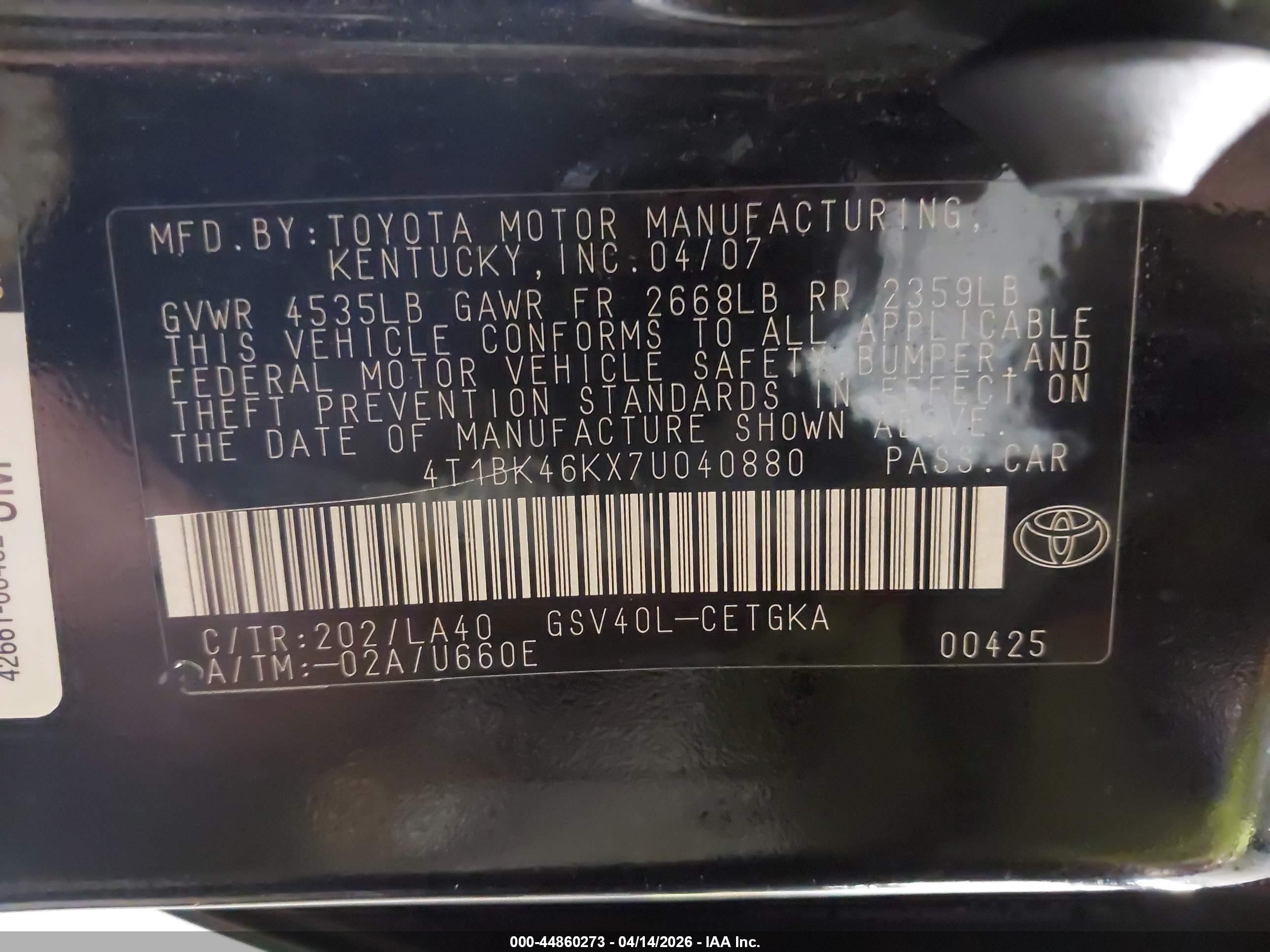 2007 Toyota Camry Xle V6 Black vin: 4T1BK46KX7U040880