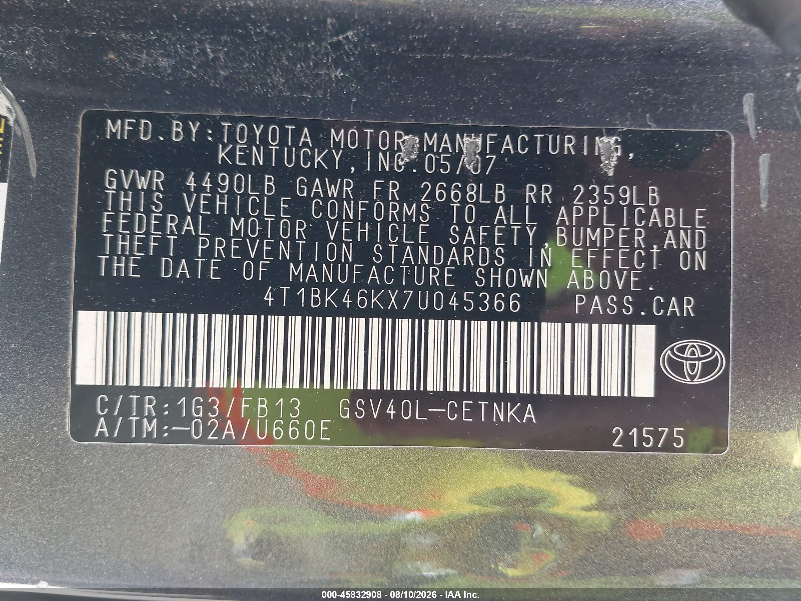 2007 Toyota Camry Le V6 Gray vin: 4T1BK46KX7U045366