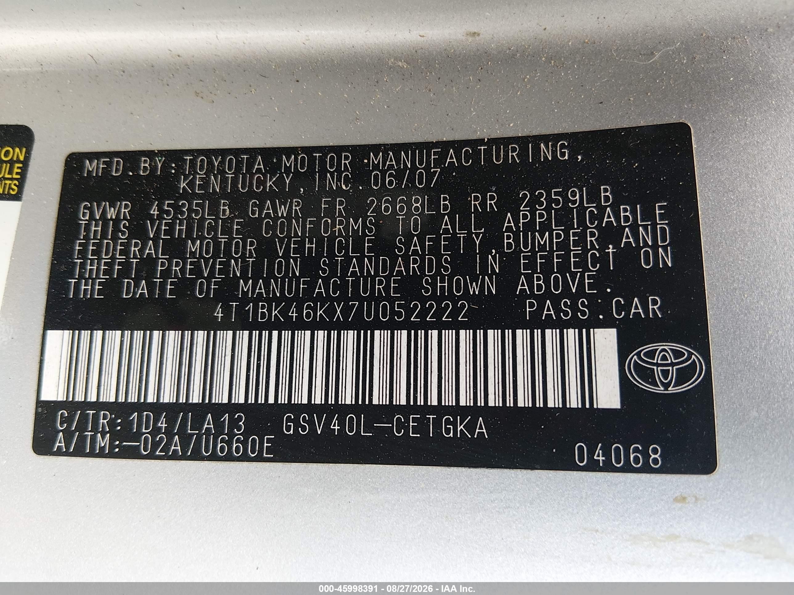 2007 Toyota Camry Xle V6 Gray vin: 4T1BK46KX7U052222