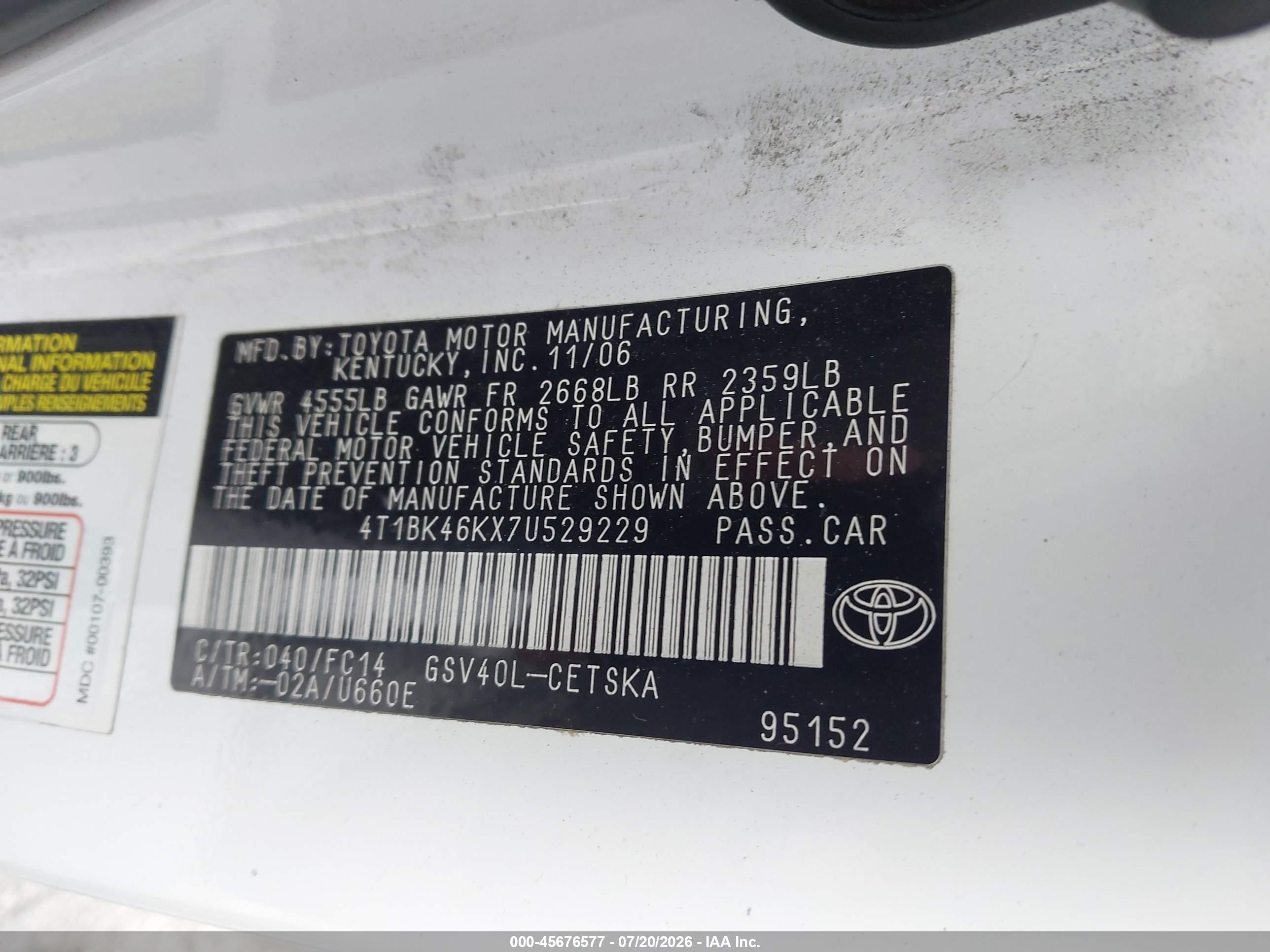 2007 Toyota Camry Se V6 White vin: 4T1BK46KX7U529229
