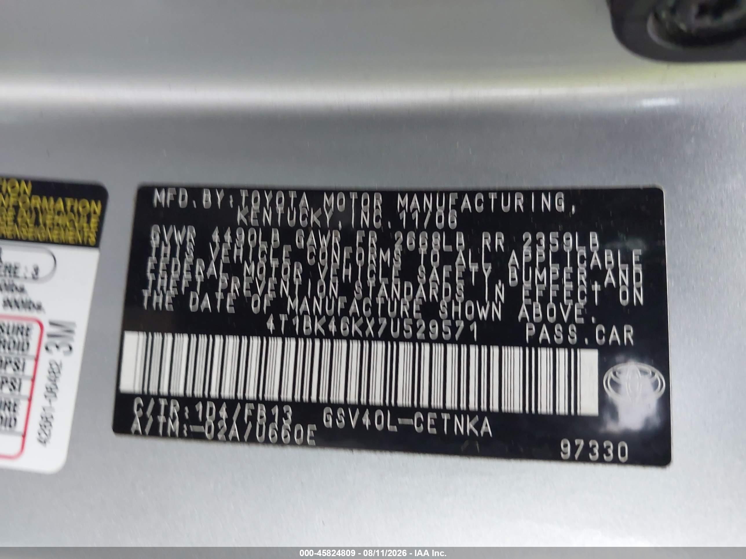 2007 Toyota Camry Le V6 Silver vin: 4T1BK46KX7U529571
