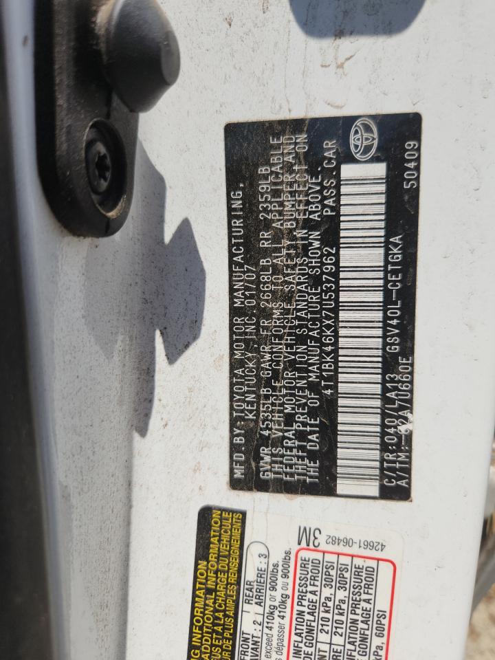 2007 Toyota Camry Xle V6 White vin: 4T1BK46KX7U537962