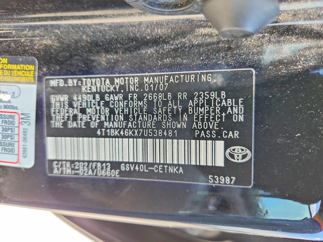 2007 Toyota Camry Le V6 Black vin: 4T1BK46KX7U538481