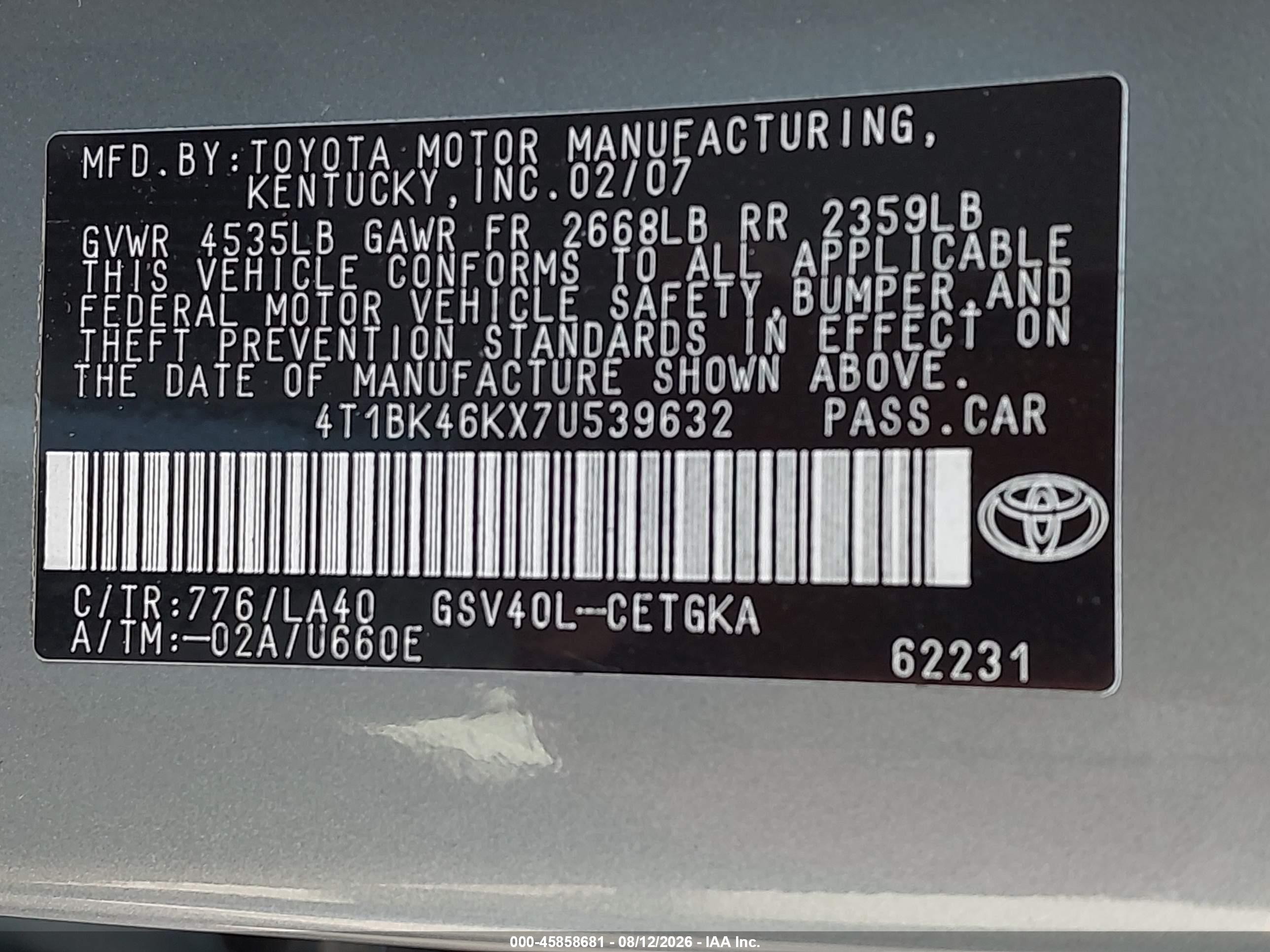 2007 Toyota Camry Xle V6 Бирюзовый vin: 4T1BK46KX7U539632