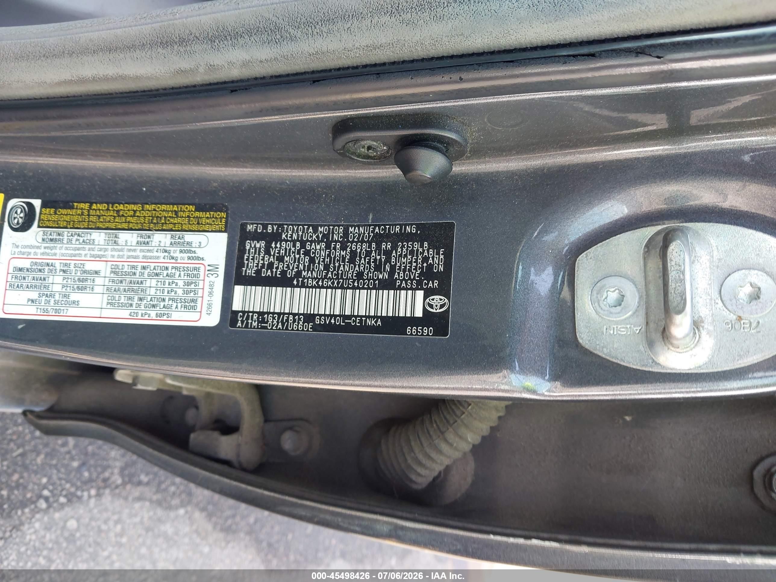 2007 Toyota Camry Le V6 Gray vin: 4T1BK46KX7U540201