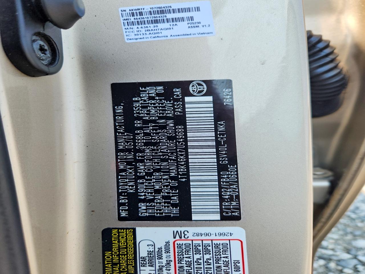 2007 Toyota Camry Le V6 Gold vin: 4T1BK46KX7U549688