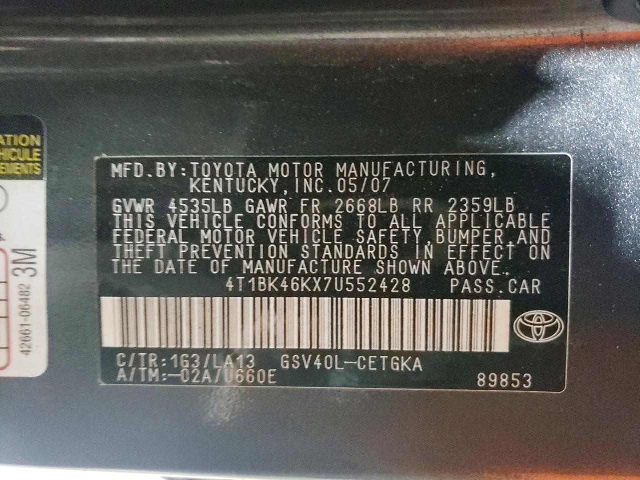 2007 Toyota Camry Xle V6 Gray vin: 4T1BK46KX7U552428
