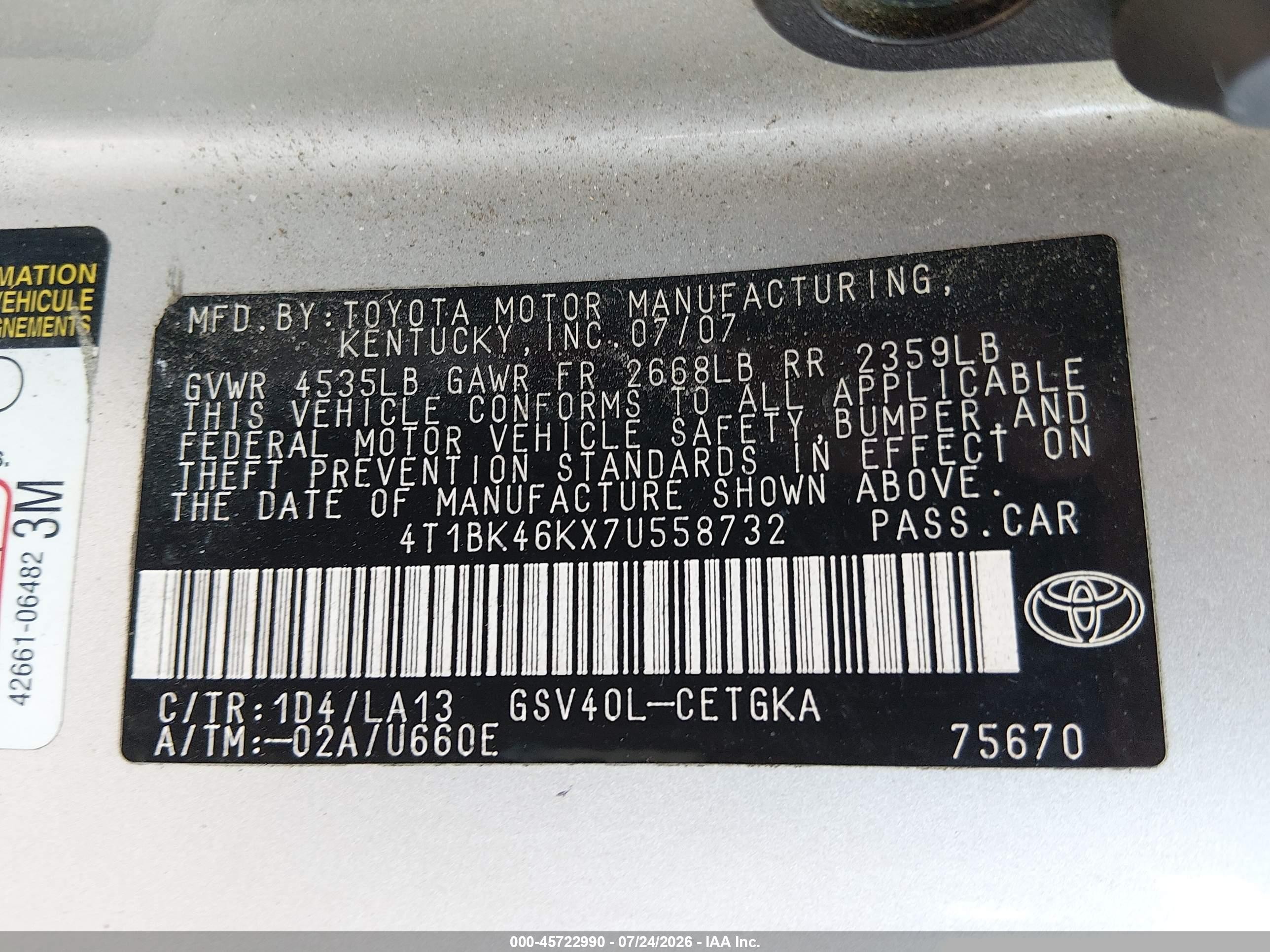 2007 Toyota Camry Xle V6 Серебряный vin: 4T1BK46KX7U558732