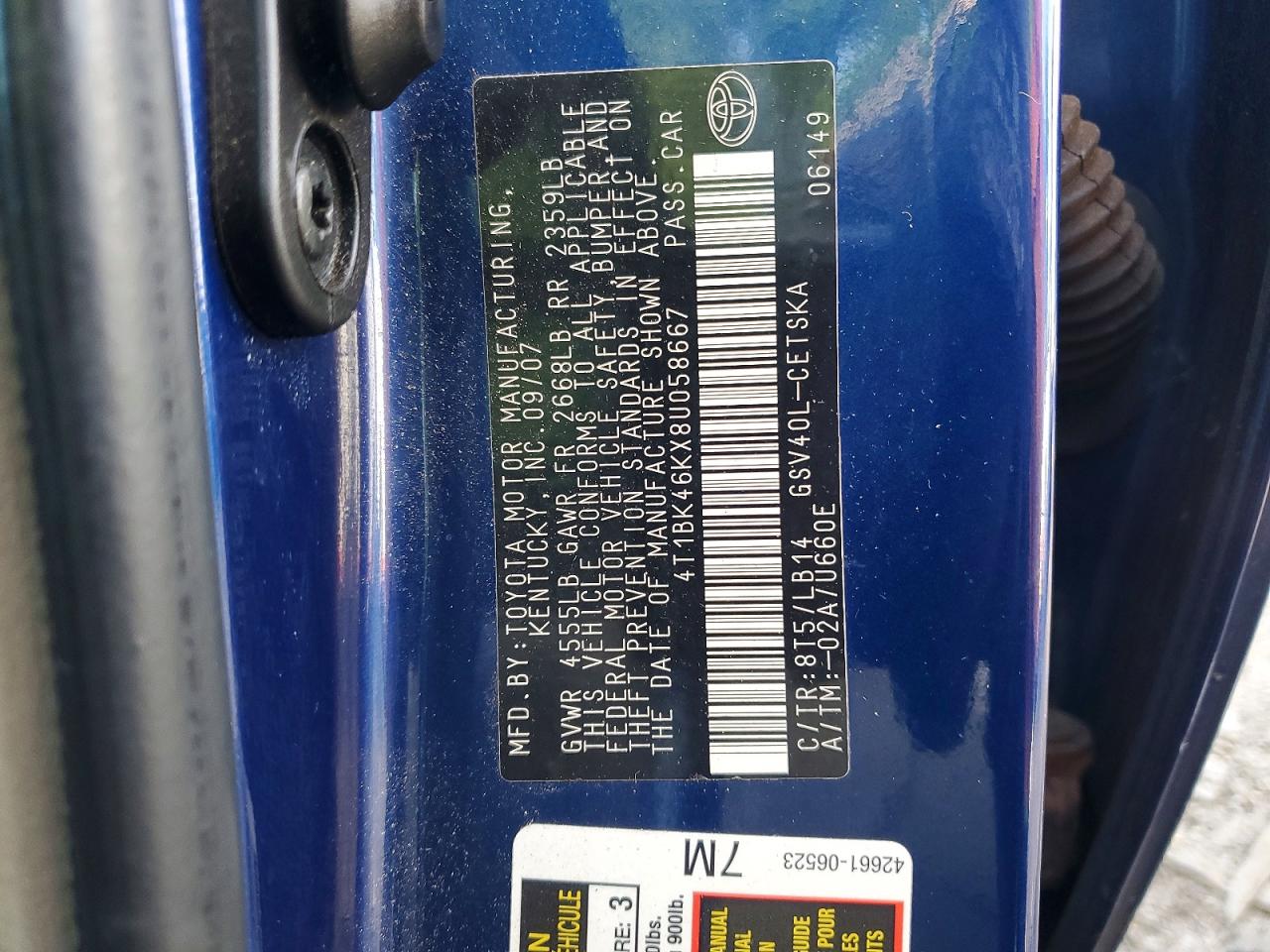 2008 Toyota Camry Se V6 Blue vin: 4T1BK46KX8U058667