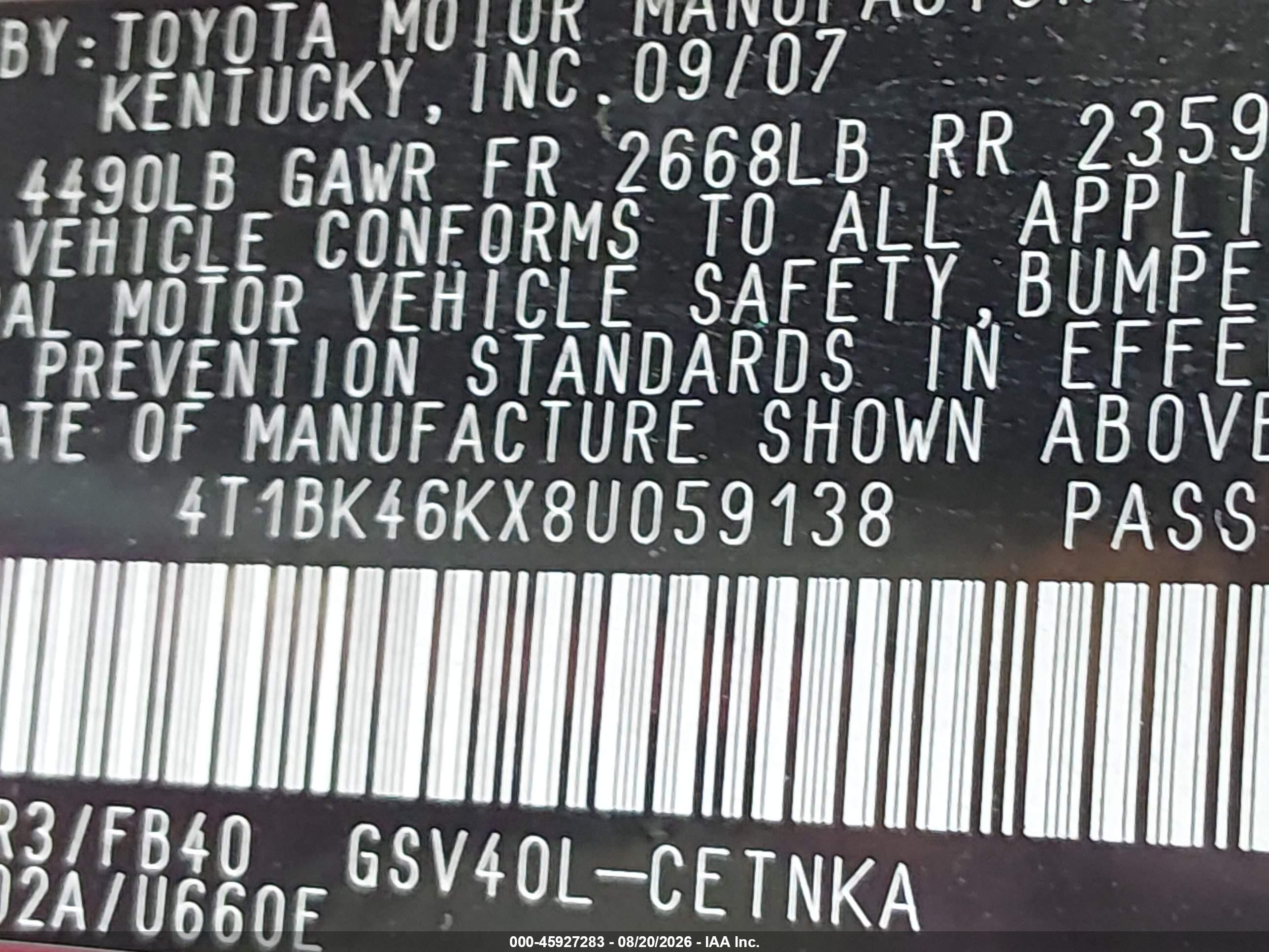 2008 Toyota Camry Le Red vin: 4T1BK46KX8U059138