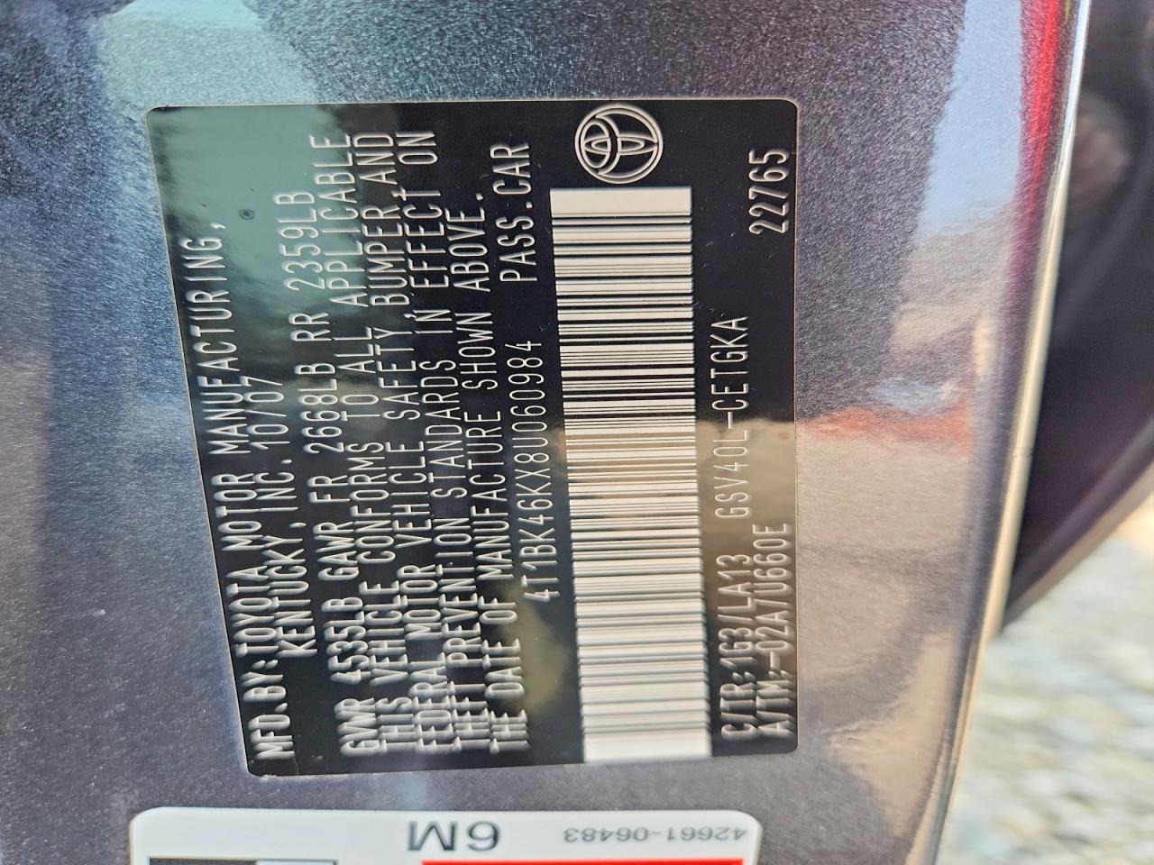 2008 Toyota Camry Xle V6 Серый vin: 4T1BK46KX8U060984