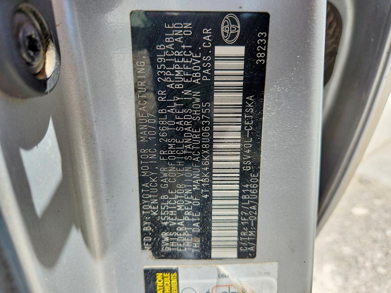 2008 Toyota Camry Se V6 Серебряный vin: 4T1BK46KX8U063755