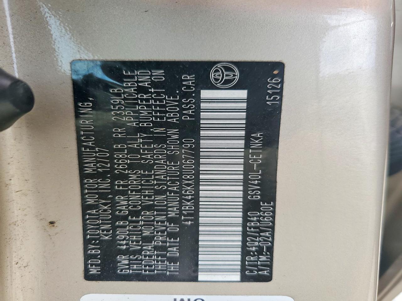 2008 Toyota Camry Le V6 Gold vin: 4T1BK46KX8U067790