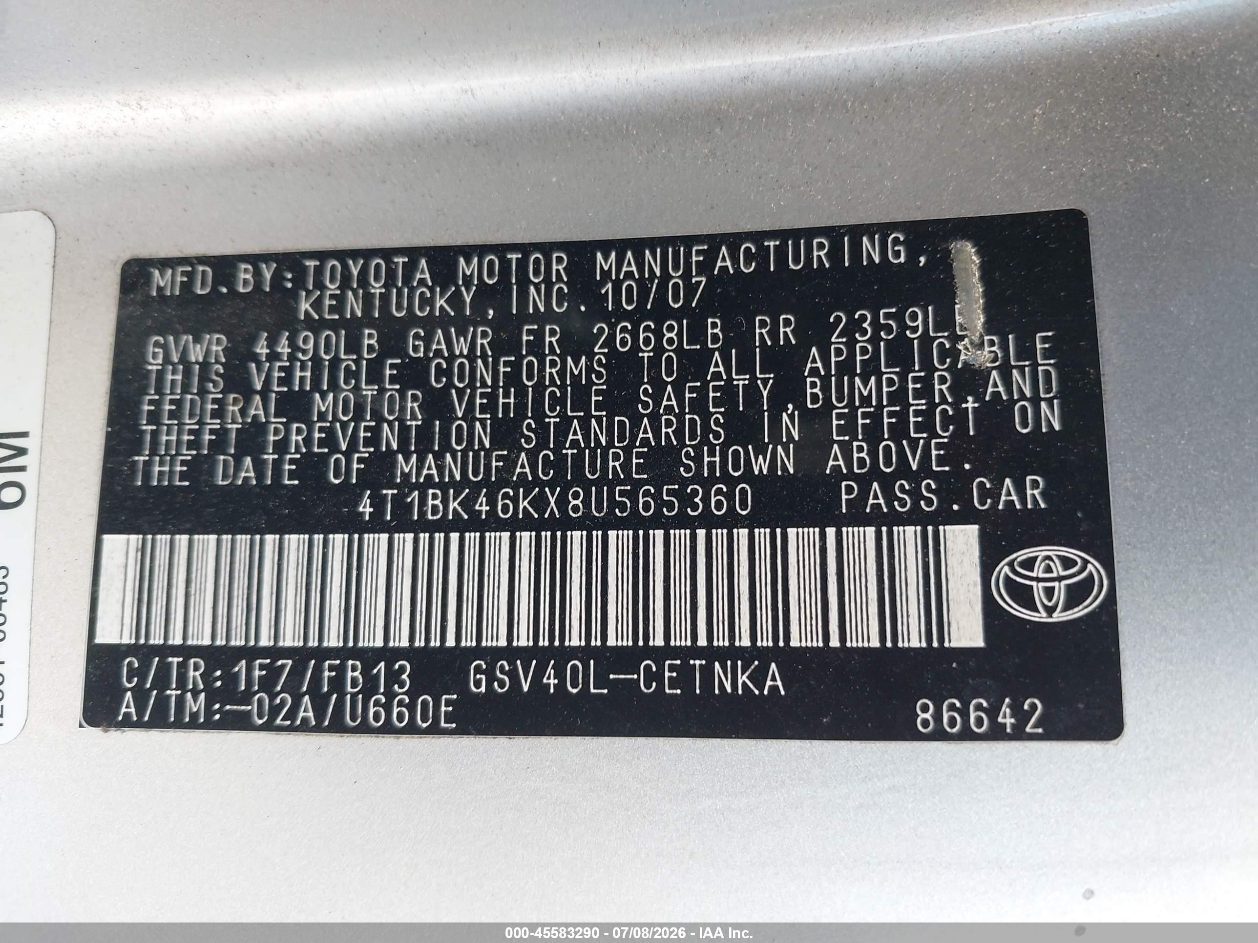2008 Toyota Camry Le Silver vin: 4T1BK46KX8U565360