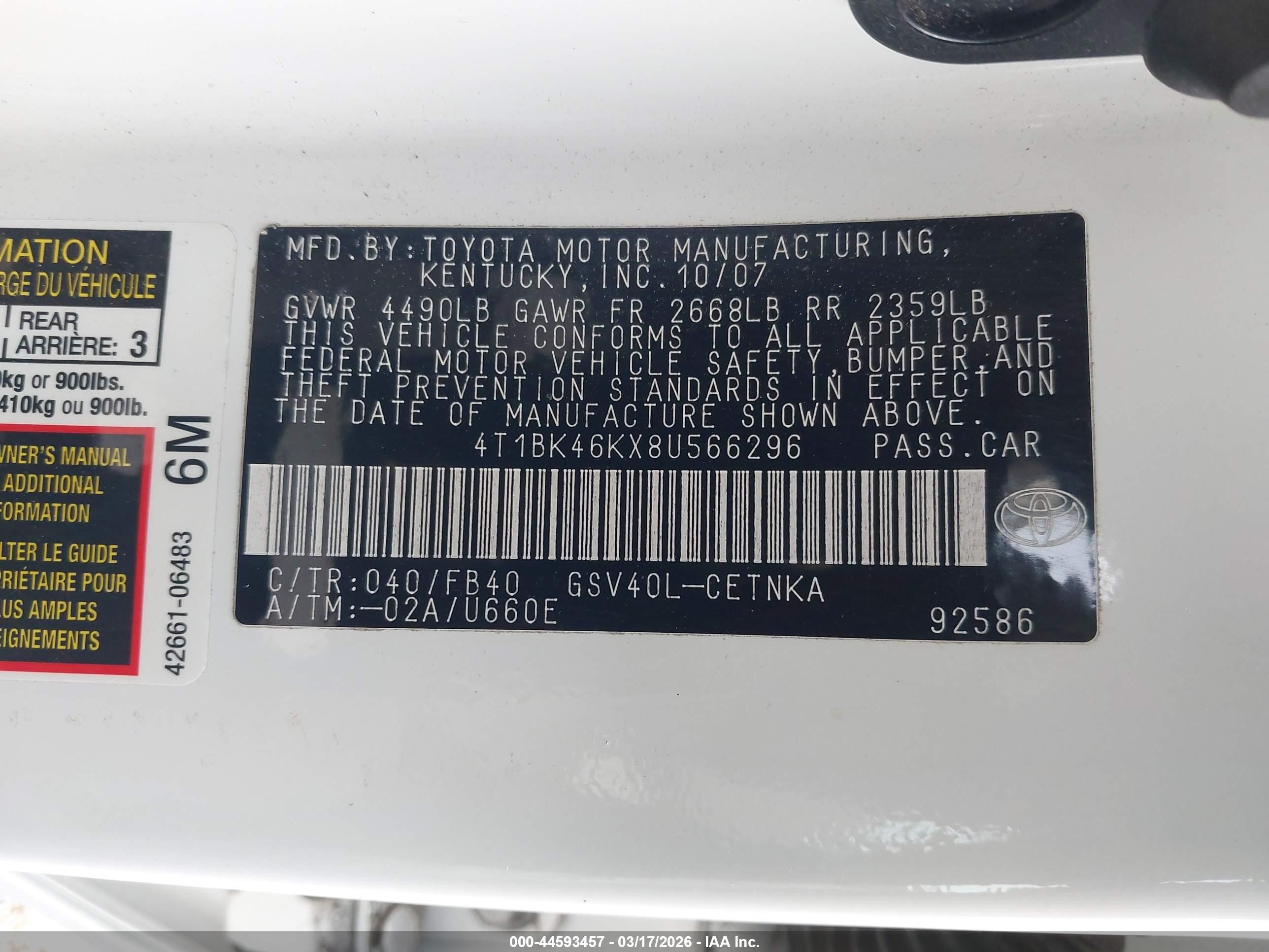2008 Toyota Camry Le V6 White vin: 4T1BK46KX8U566296