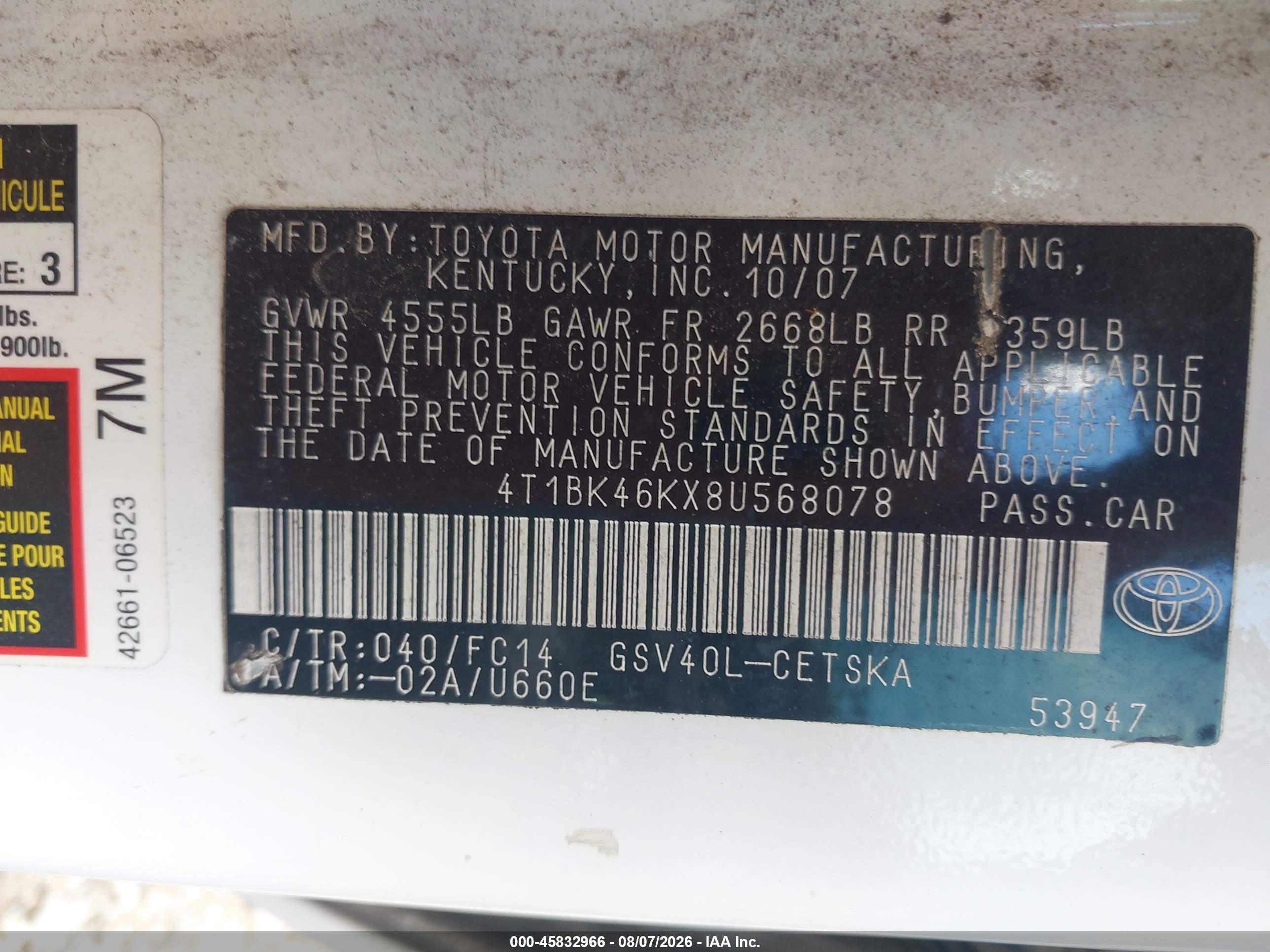 2008 Toyota Camry Se White vin: 4T1BK46KX8U568078
