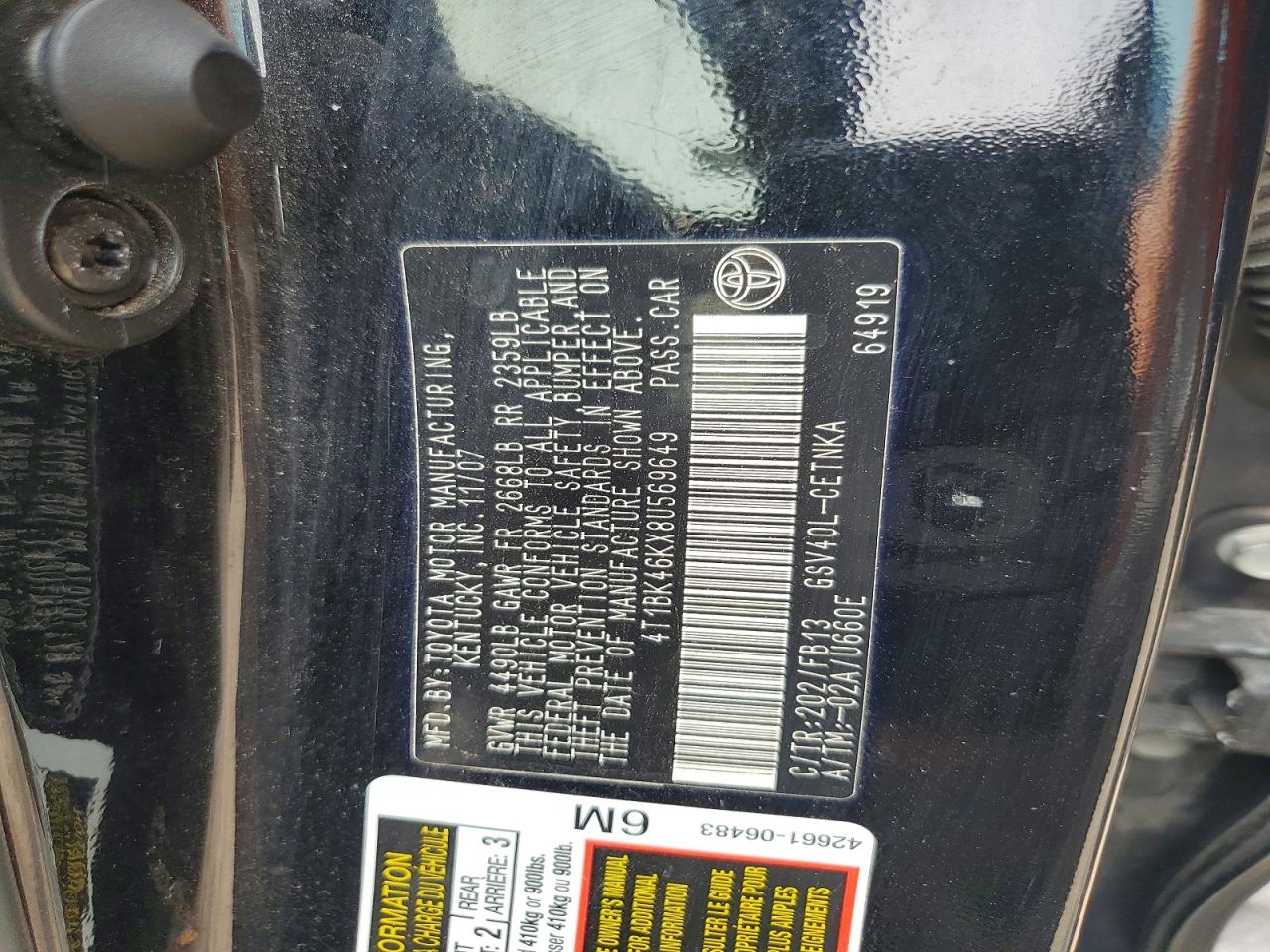2008 Toyota Camry Le V6 Black vin: 4T1BK46KX8U569649