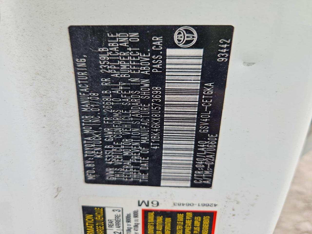 2008 Toyota Camry Xle V6 Белый vin: 4T1BK46KX8U573698