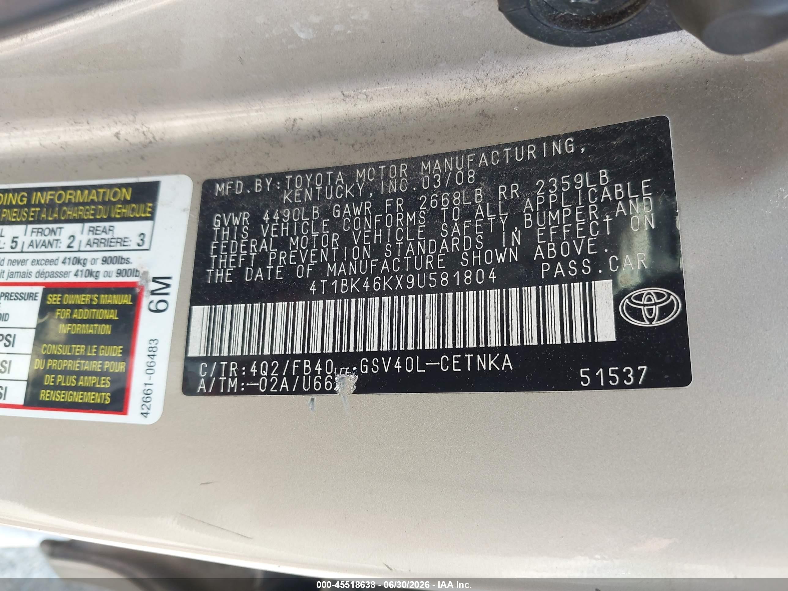 2009 Toyota Camry Le V6 Золотой vin: 4T1BK46KX9U581804