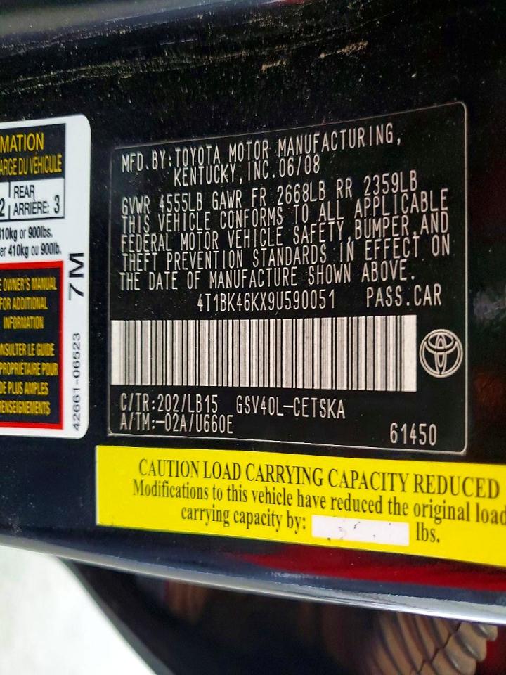 2009 Toyota Camry Se V6 Black vin: 4T1BK46KX9U590051