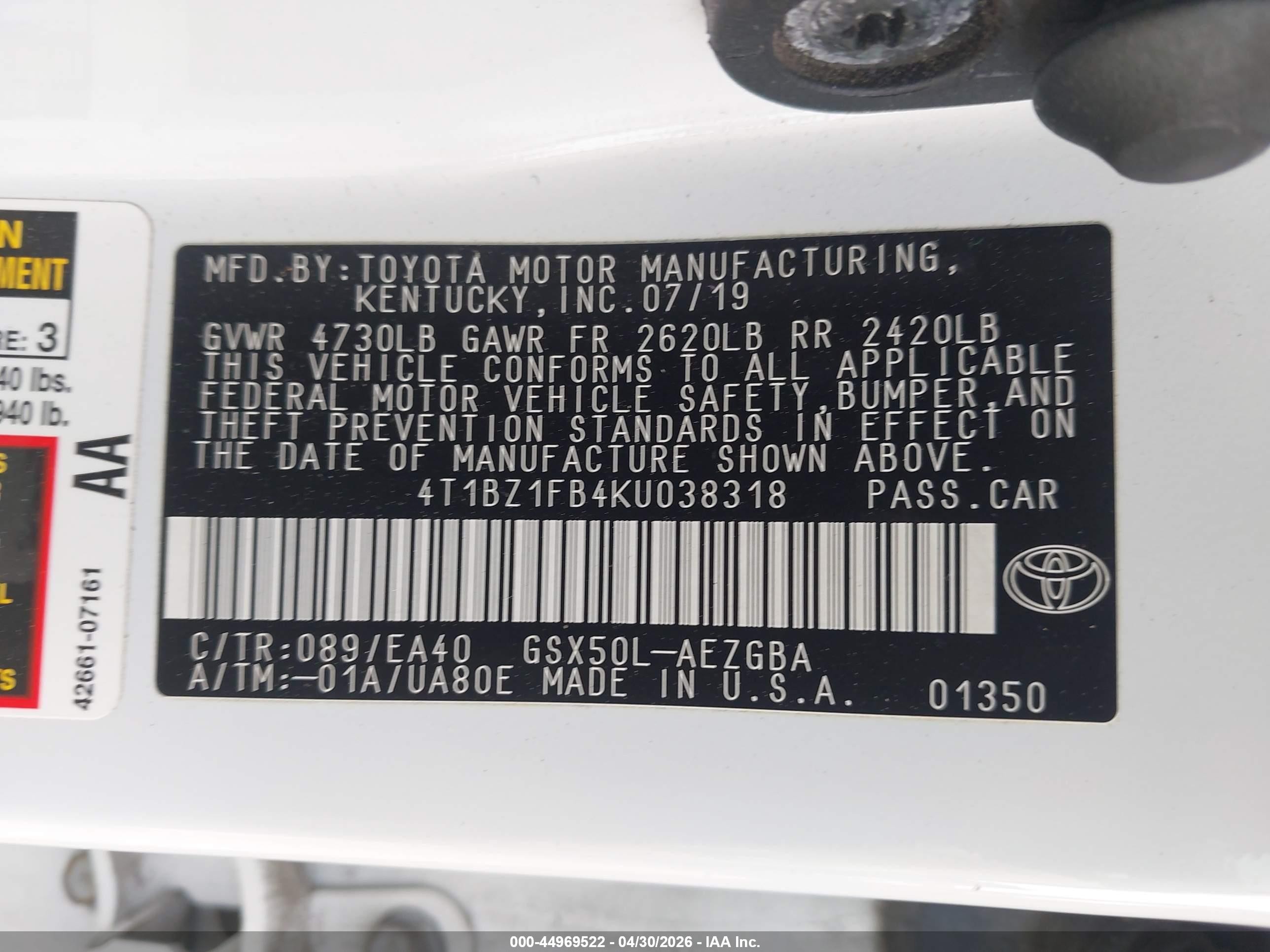 2019 Toyota Avalon Xle Белый vin: 4T1BZ1FB4KU038318