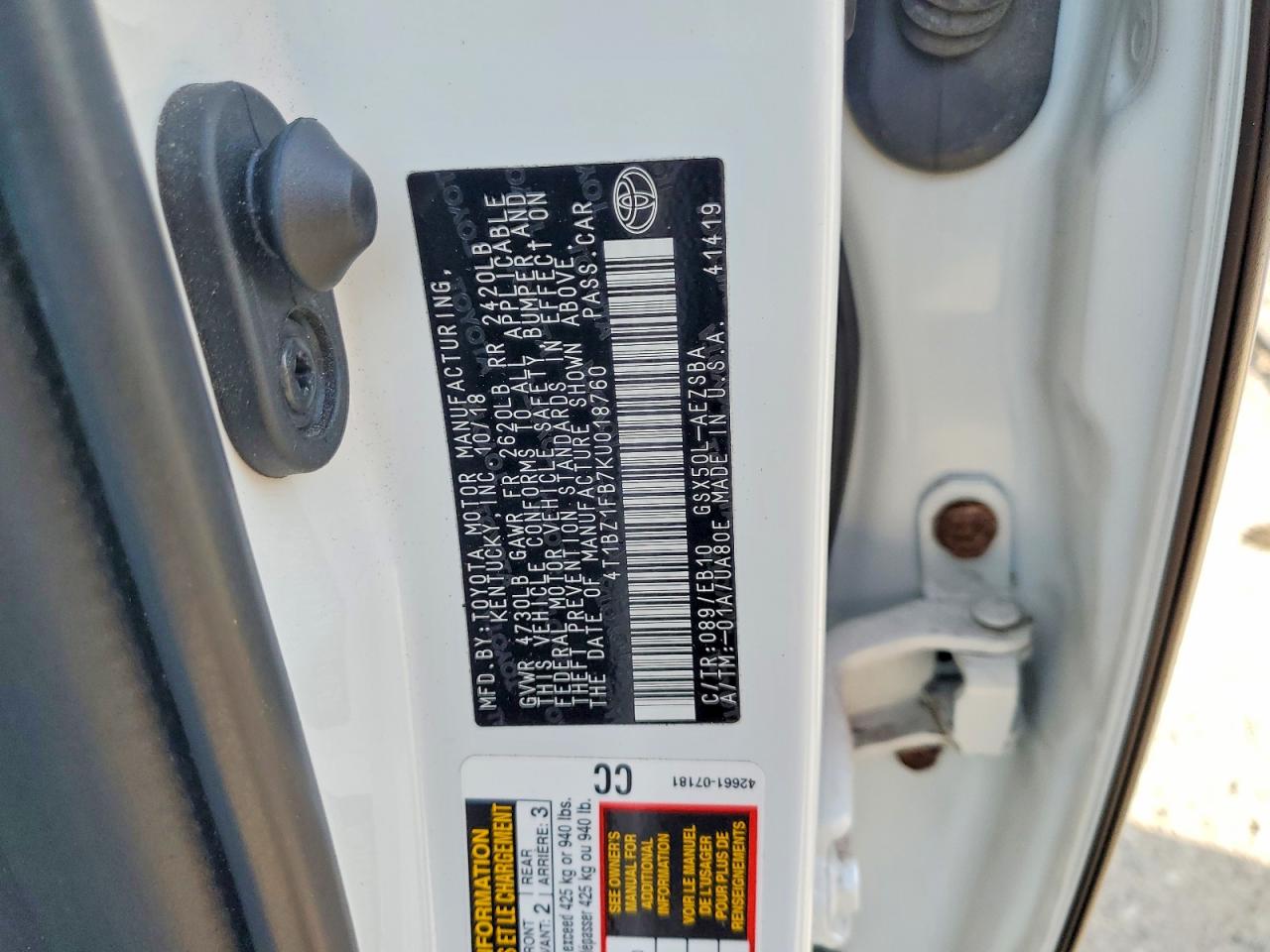2019 Toyota Avalon Touring White vin: 4T1BZ1FB7KU018760