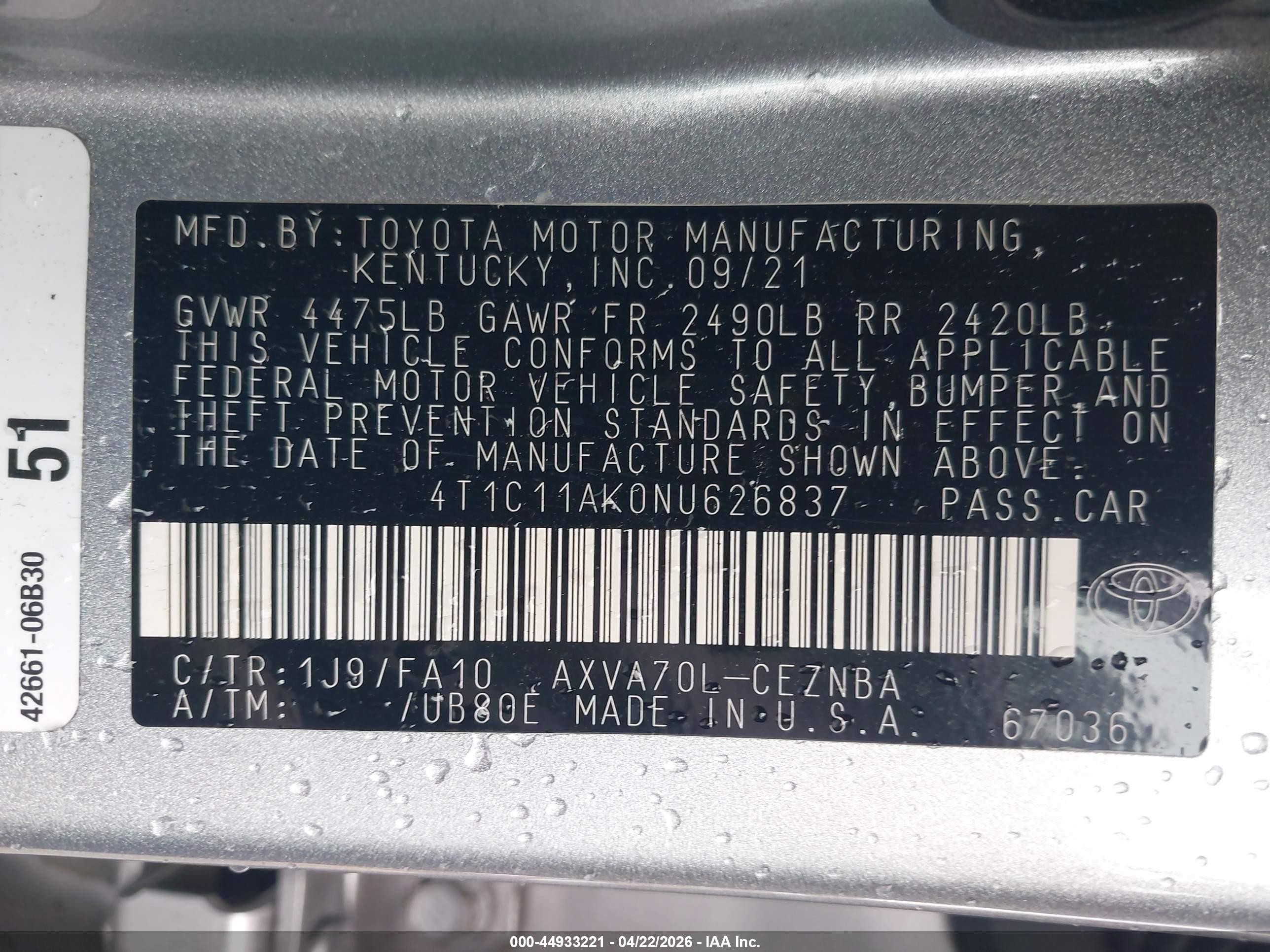 2022 Toyota Camry Le Серебряный vin: 4T1C11AK0NU626837