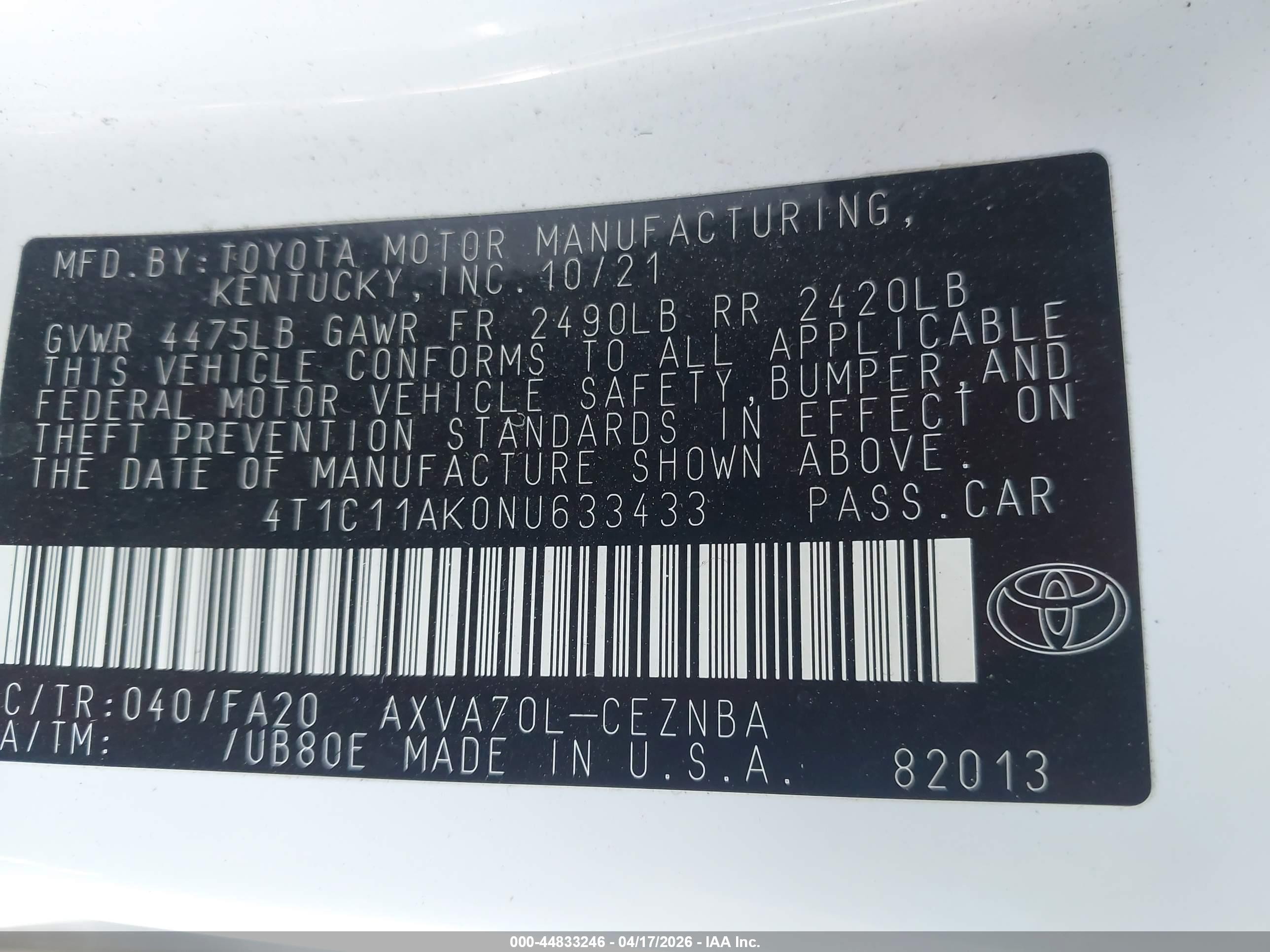 2022 Toyota Camry Le Белый vin: 4T1C11AK0NU633433