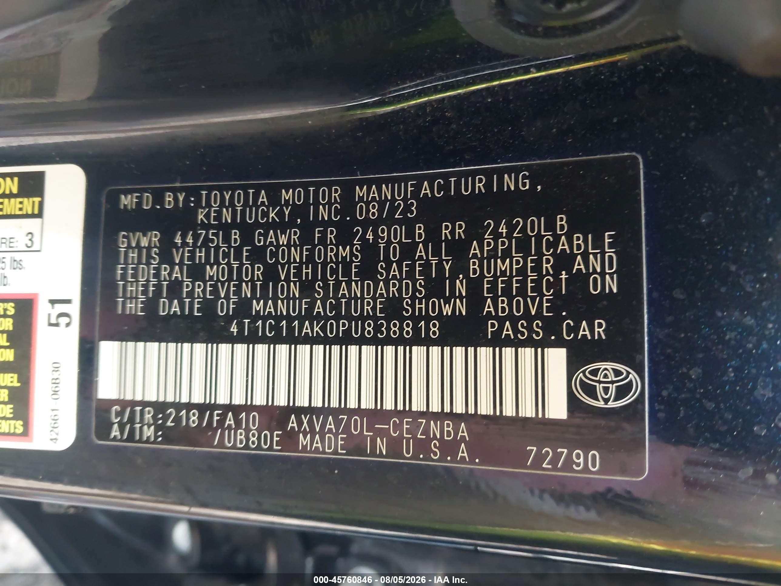 2023 Toyota Camry Le Black vin: 4T1C11AK0PU838818
