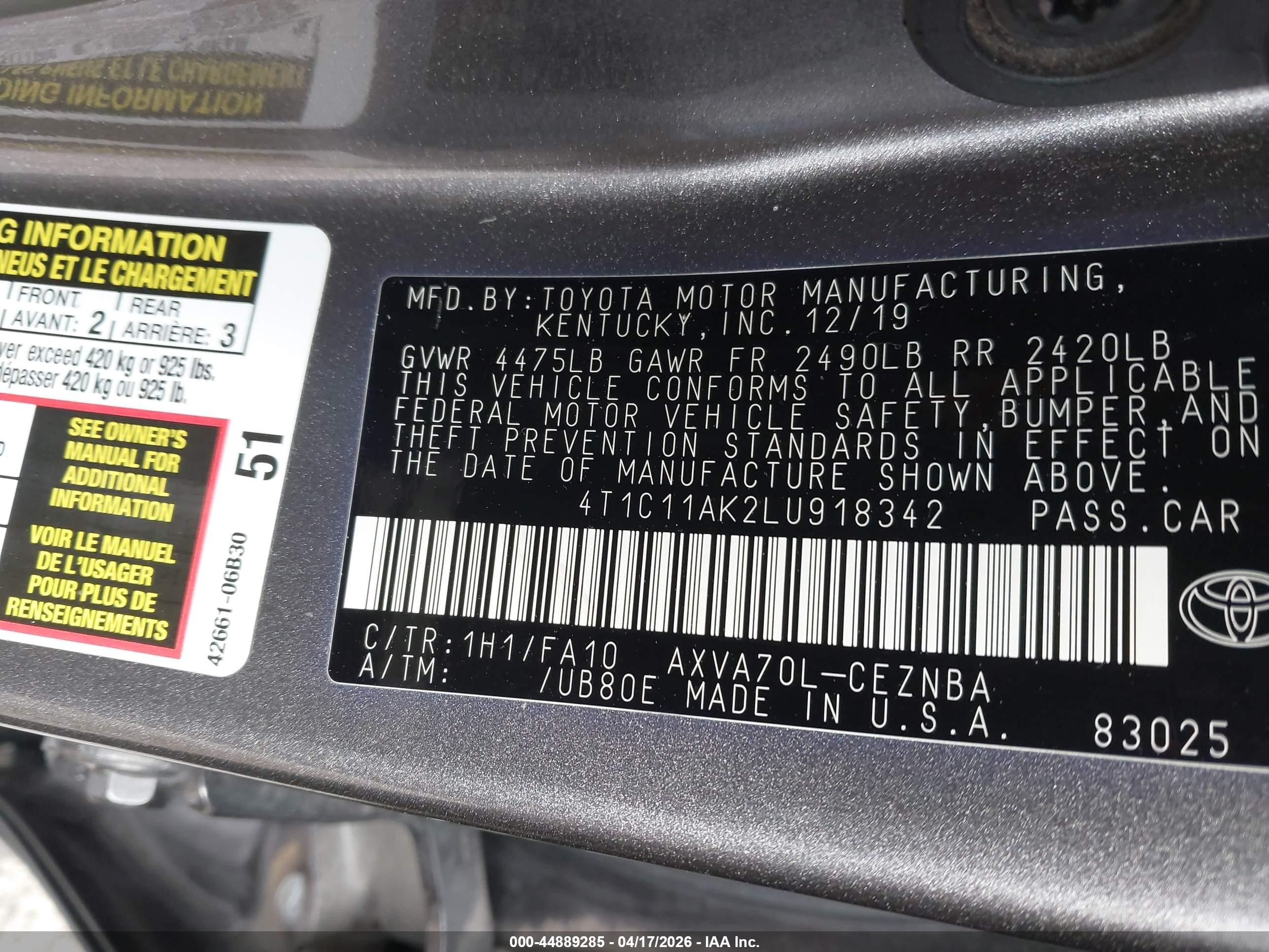 2020 Toyota Camry Le Gray vin: 4T1C11AK2LU918342