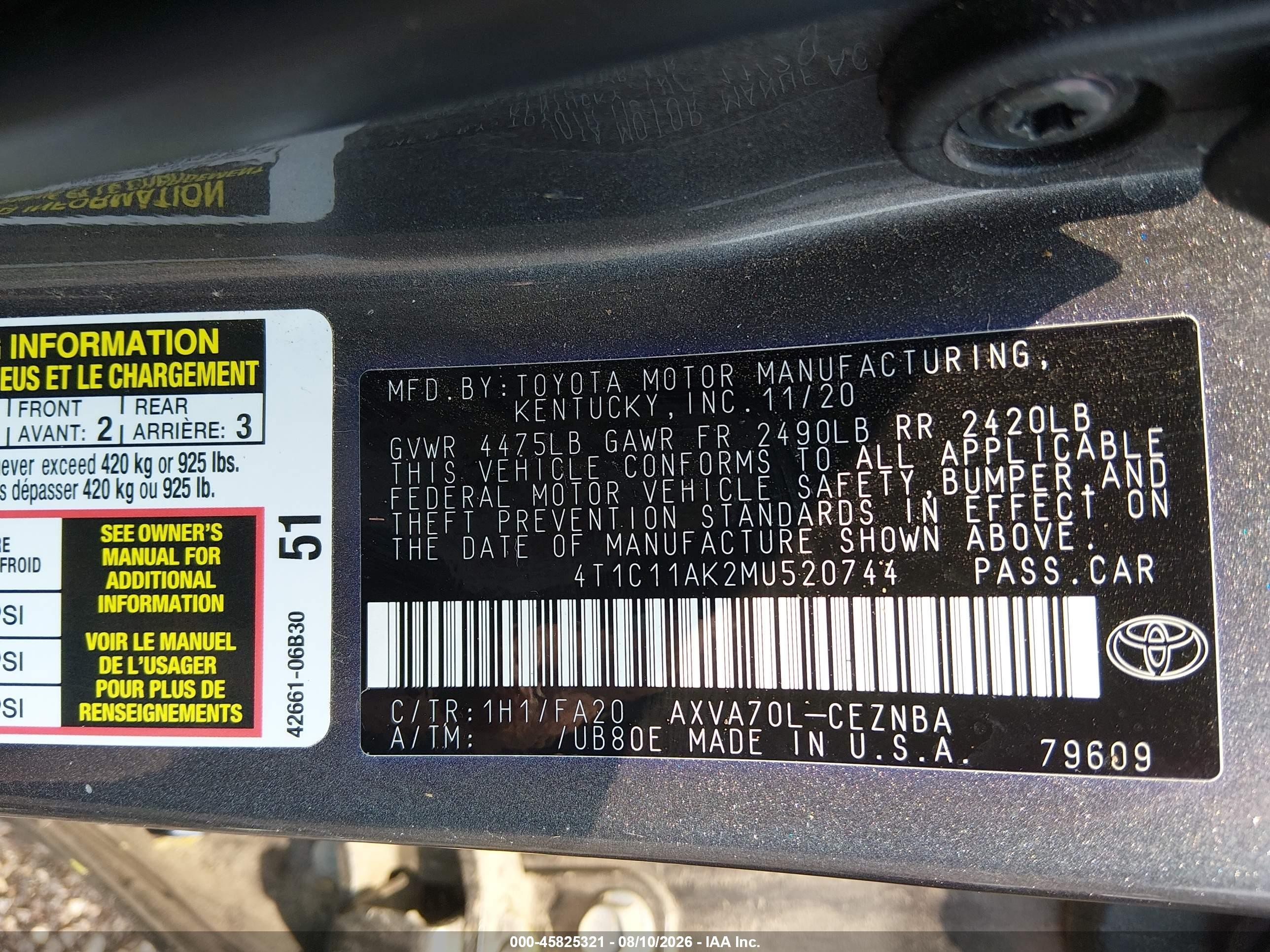 2021 Toyota Camry Le Gray vin: 4T1C11AK2MU520744