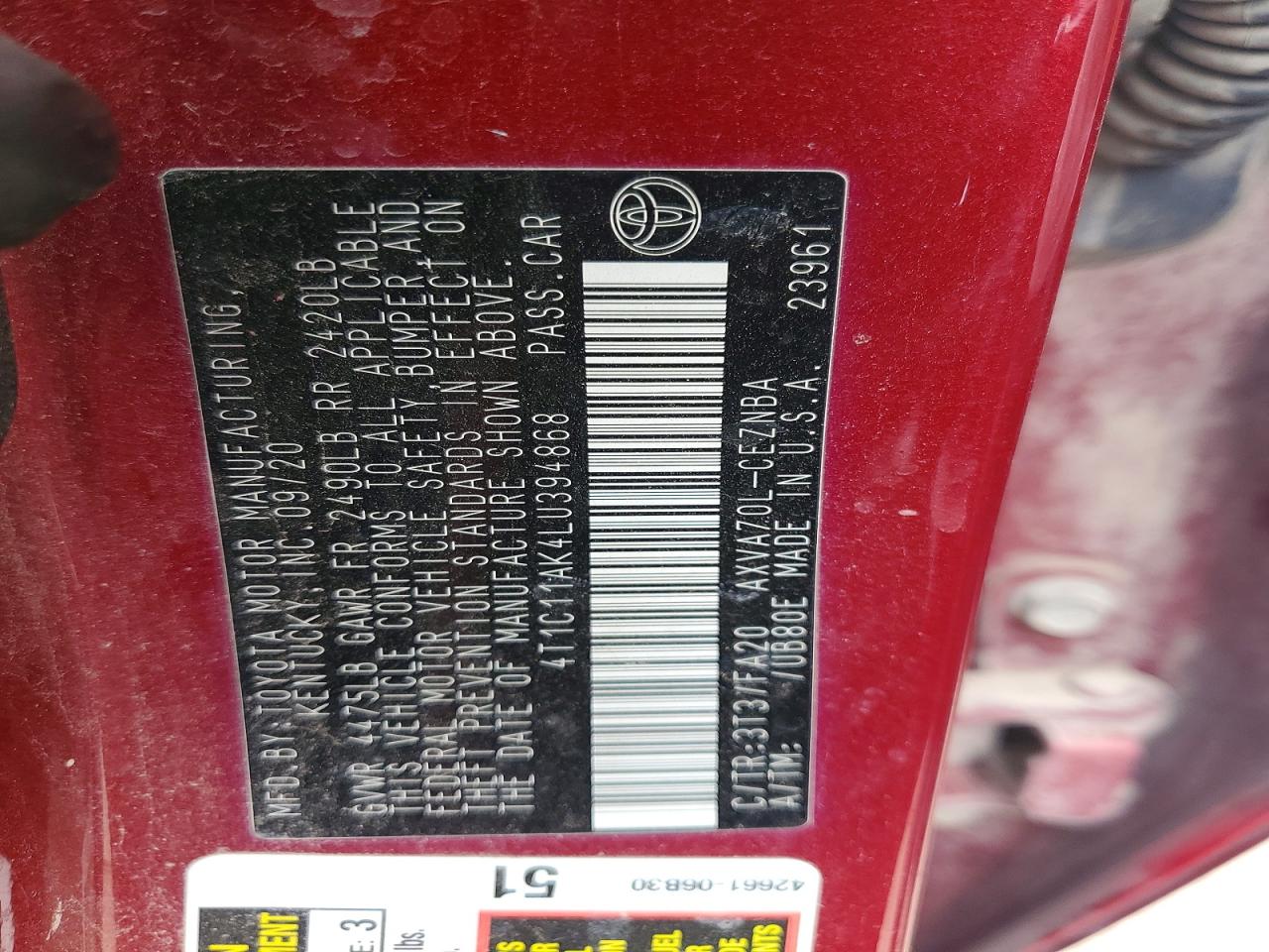 2020 Toyota Camry Le Red vin: 4T1C11AK4LU394868