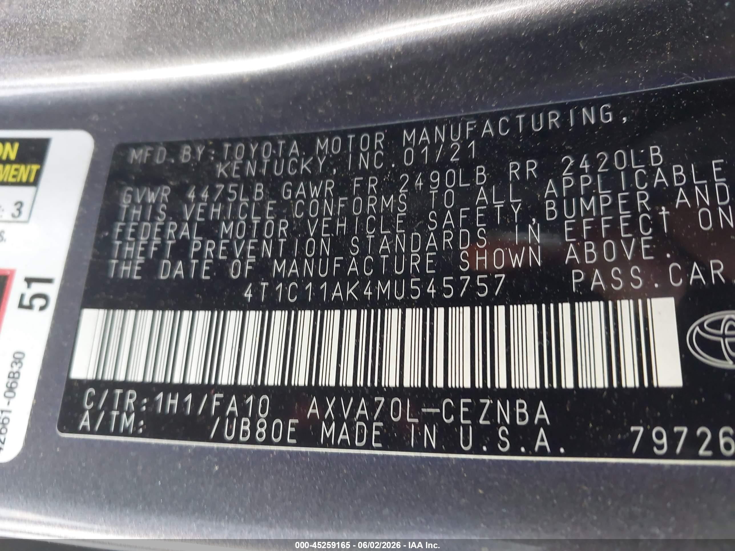 2021 Toyota Camry Le Silver vin: 4T1C11AK4MU545757