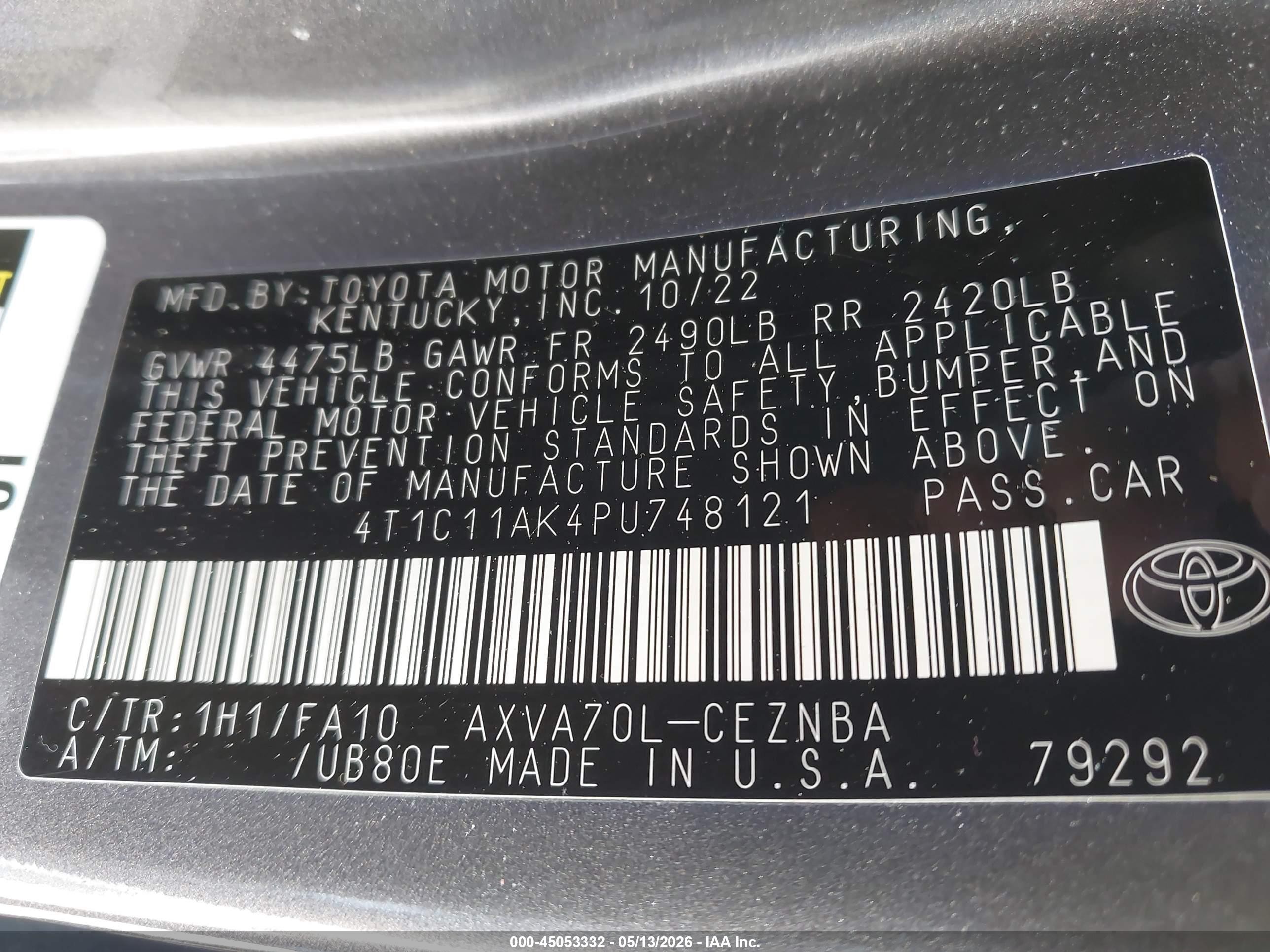 2023 Toyota Camry Le Серый vin: 4T1C11AK4PU748121