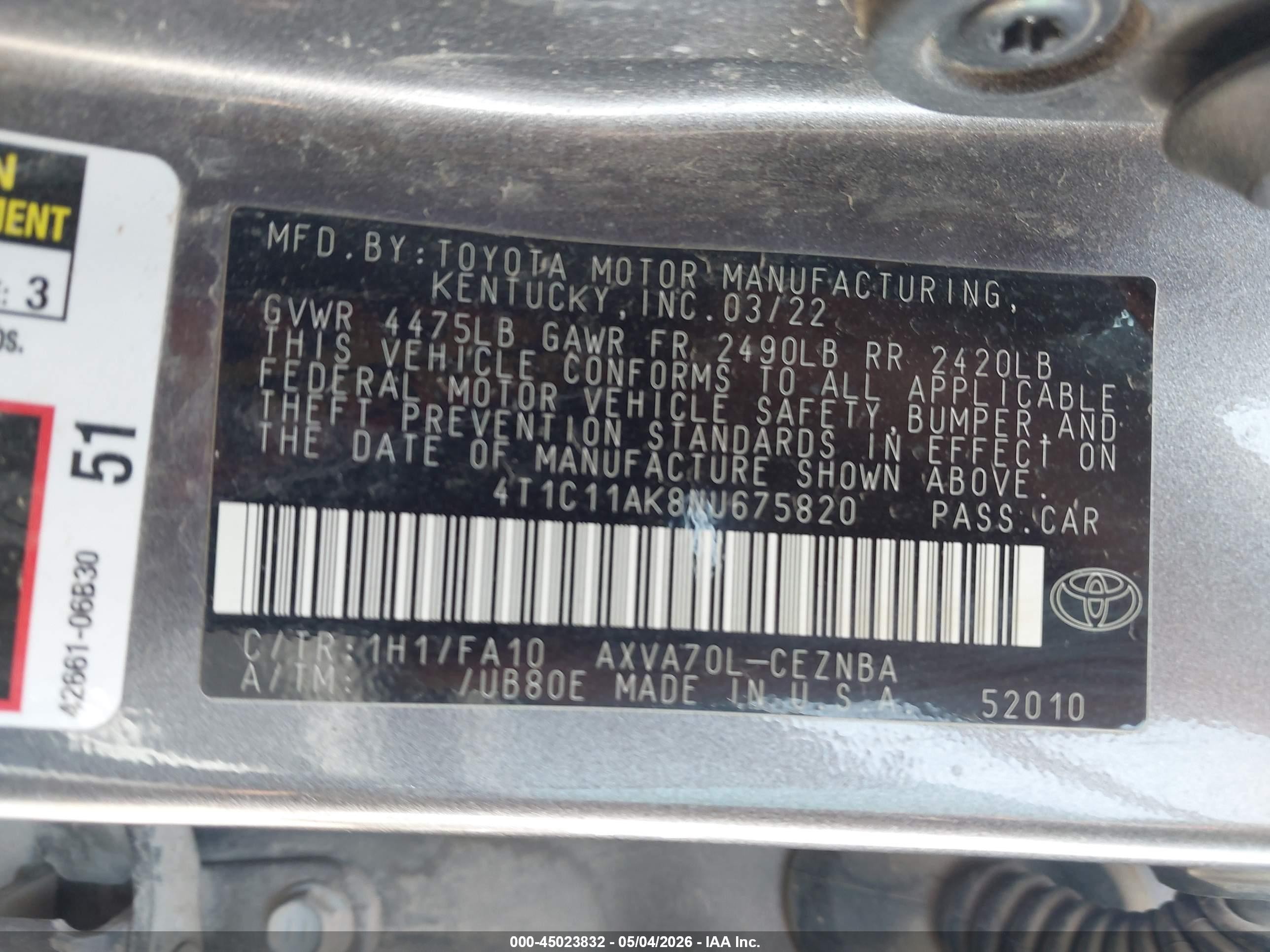 2022 Toyota Camry Le Серый vin: 4T1C11AK8NU675820