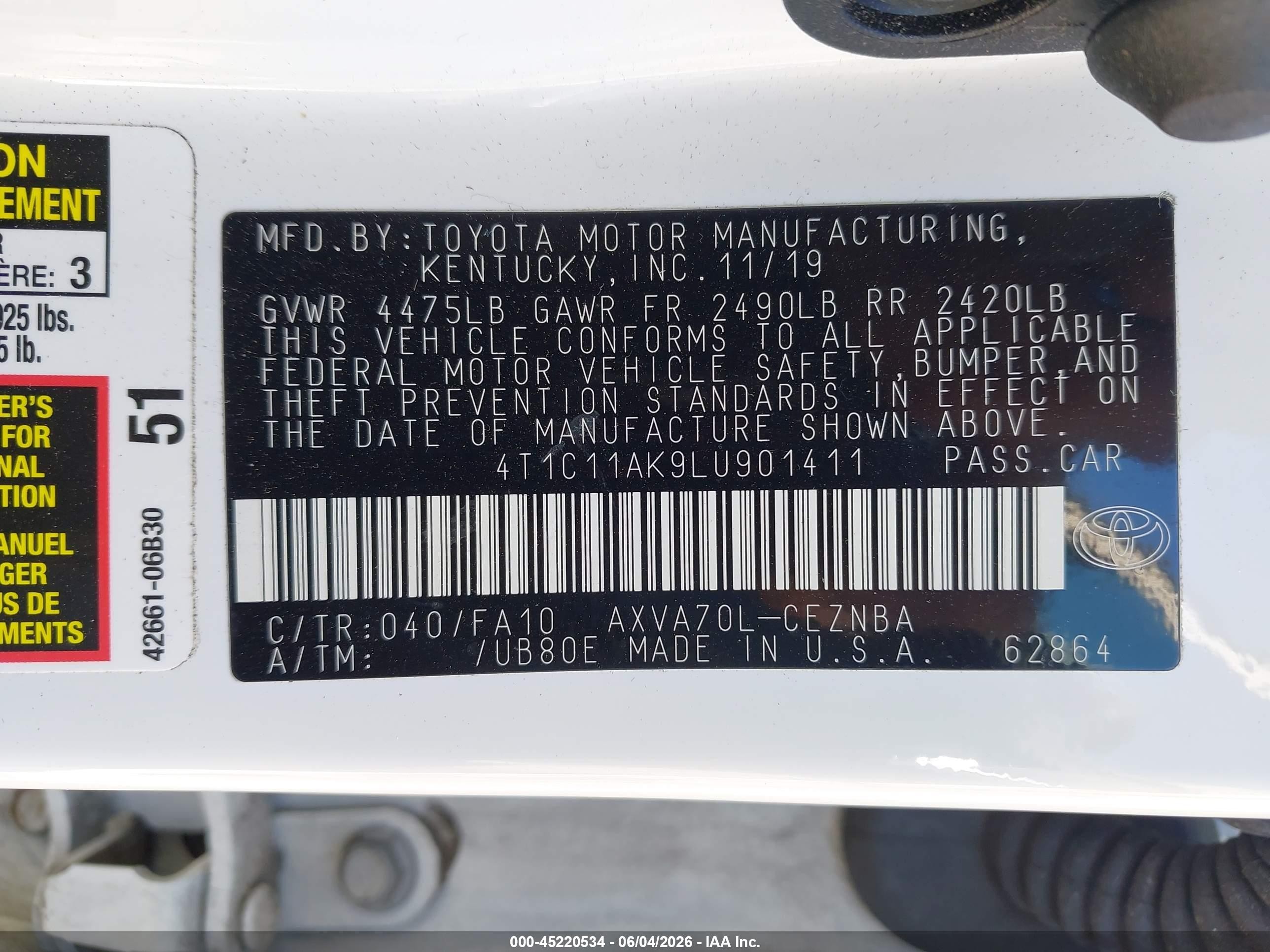 2020 Toyota Camry Le Белый vin: 4T1C11AK9LU901411