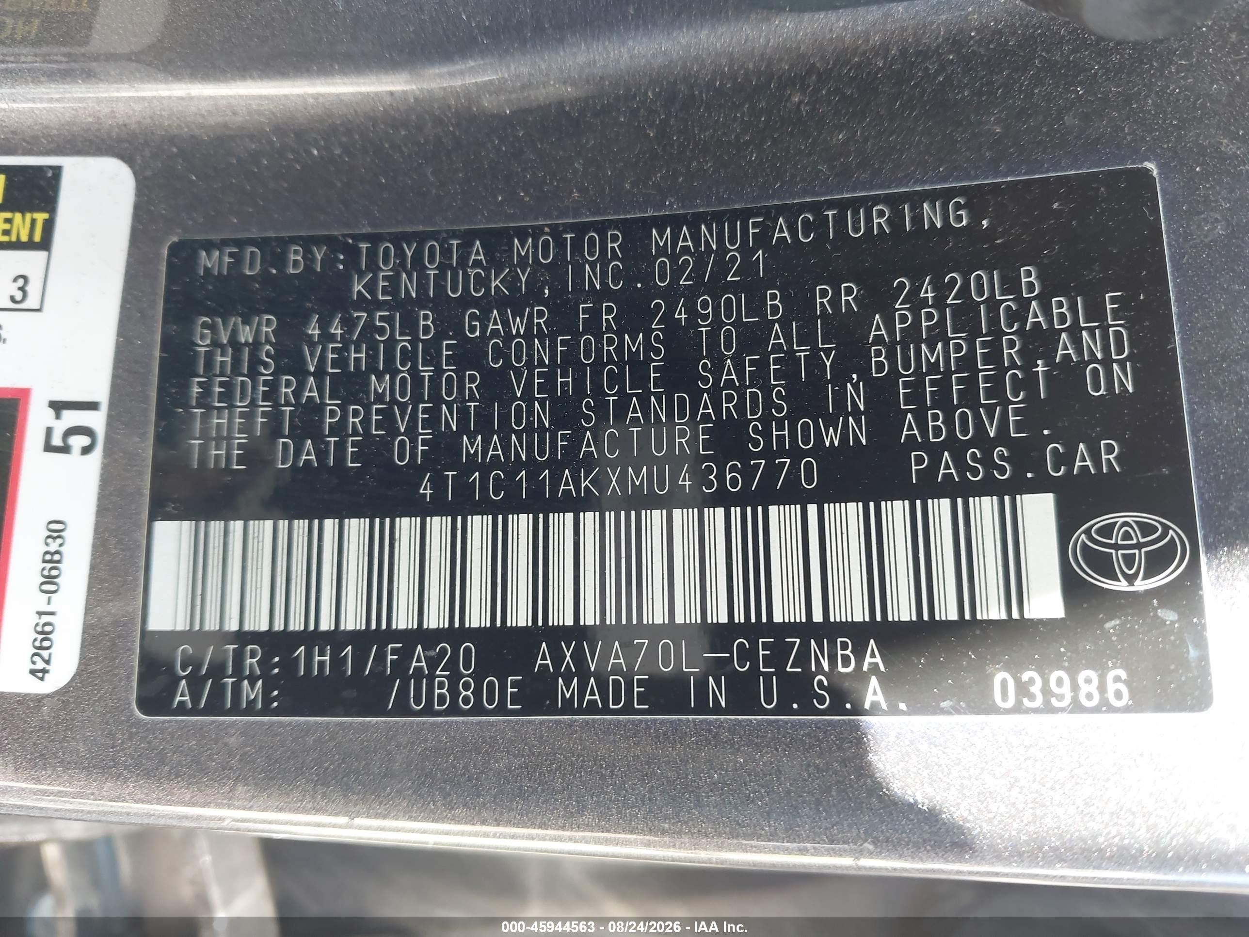 2021 Toyota Camry Le Gray vin: 4T1C11AKXMU436770