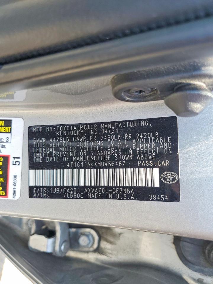 2021 Toyota Camry Le Silver vin: 4T1C11AKXMU456467
