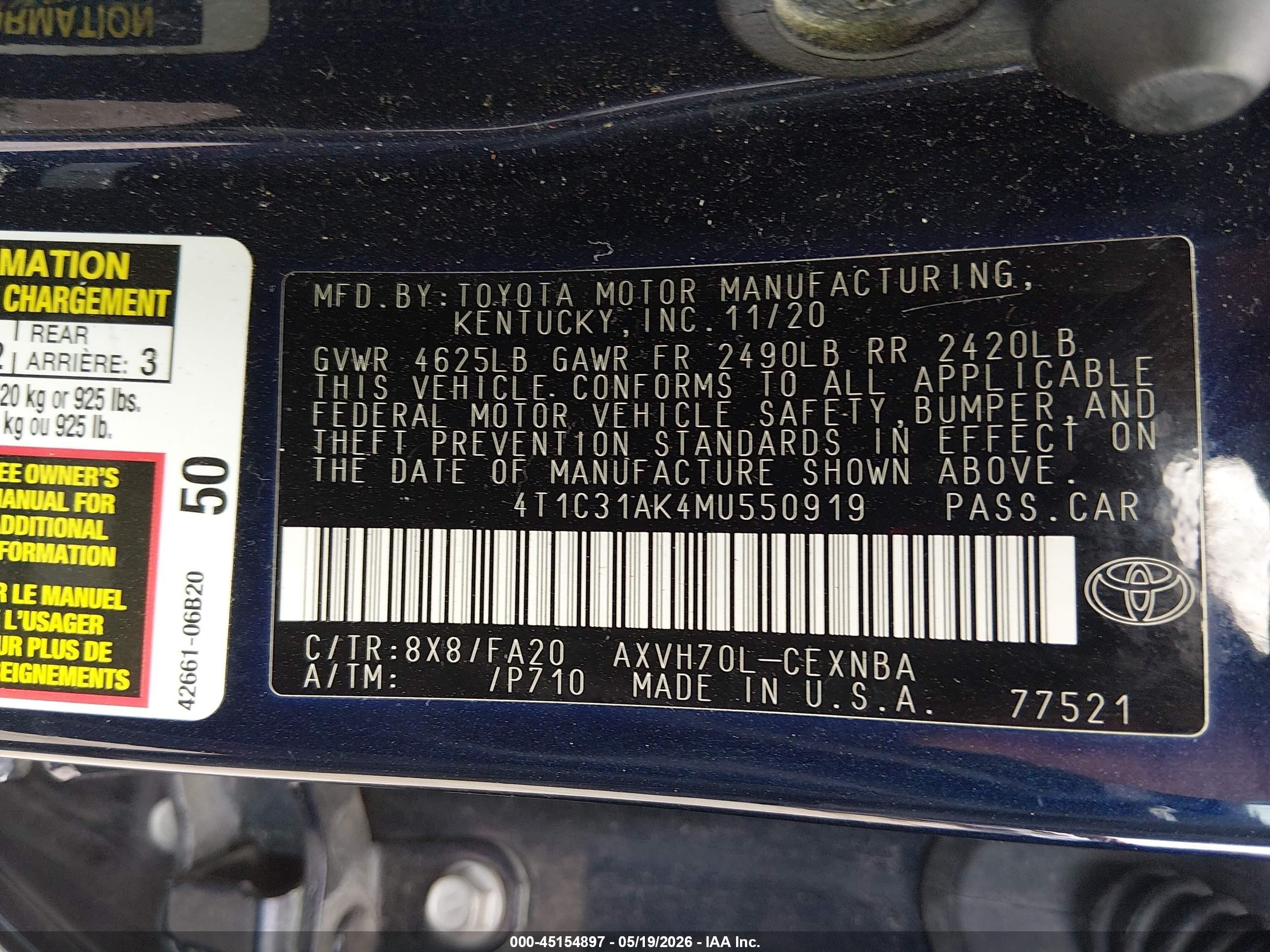 2021 Toyota Camry Le Hybrid Blue vin: 4T1C31AK4MU550919