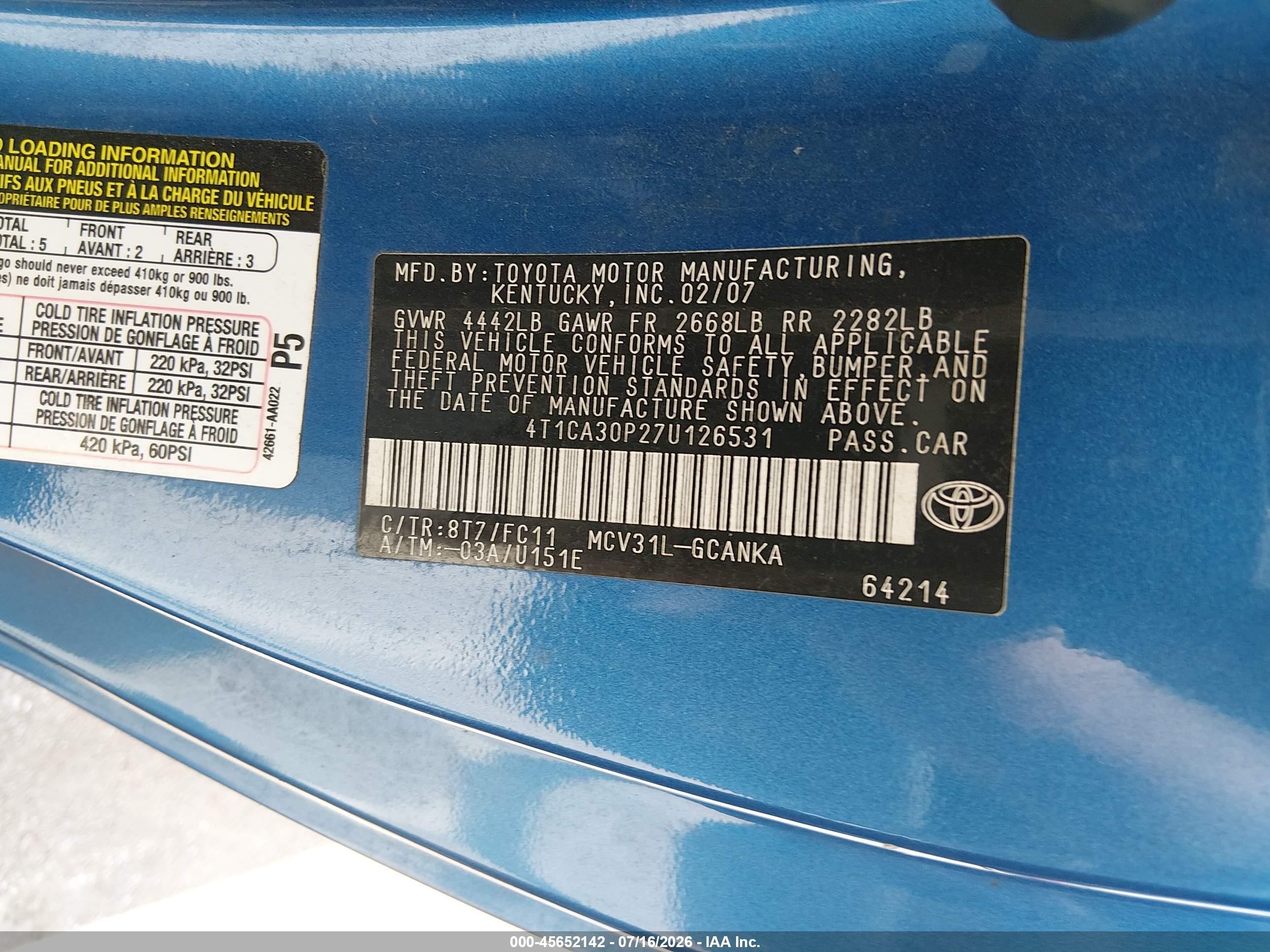 2007 Toyota Camry Solara Sport V6 Blue vin: 4T1CA30P27U126531