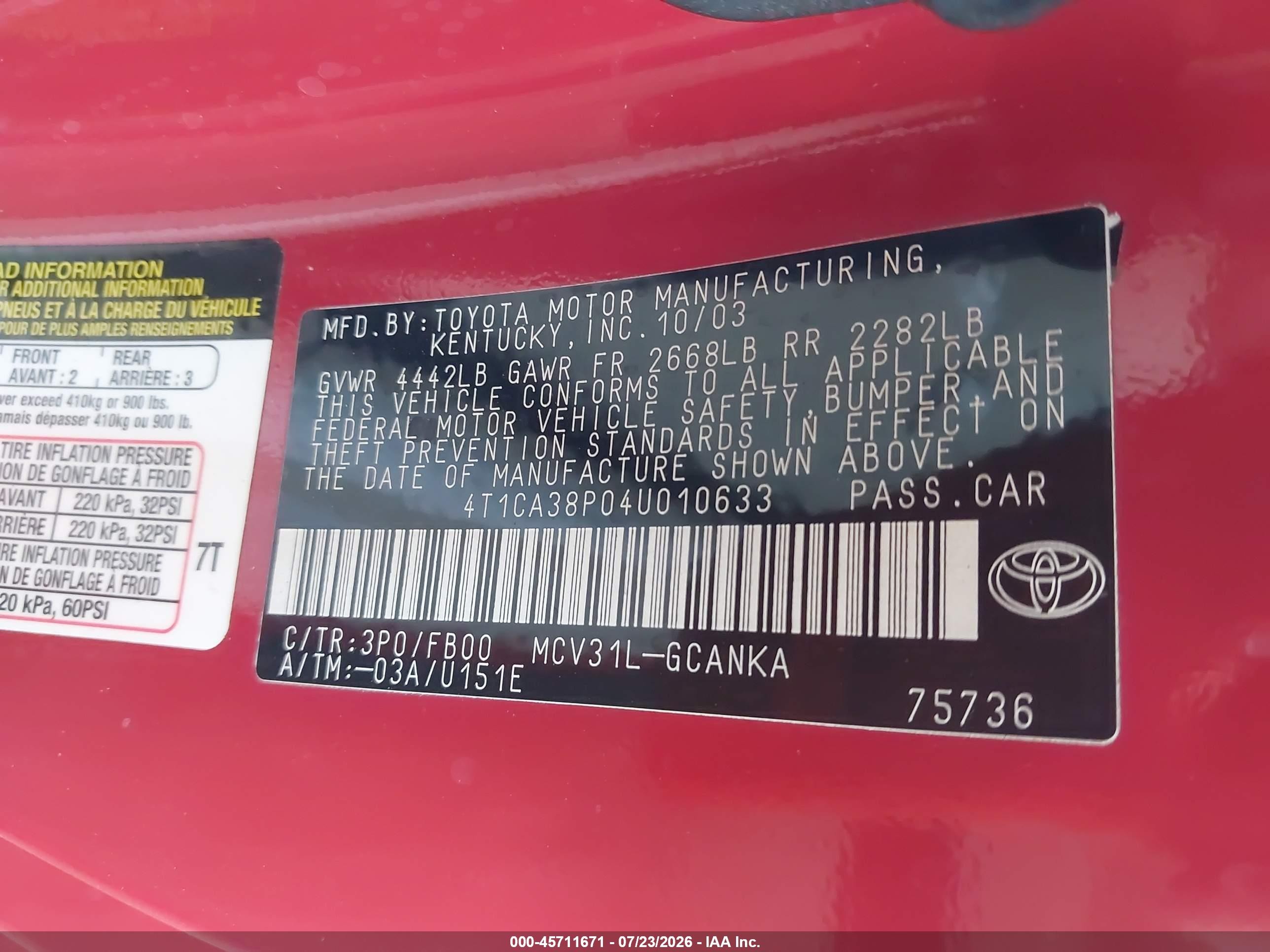 2004 Toyota Camry Solara Se V6 Red vin: 4T1CA38P04U010633
