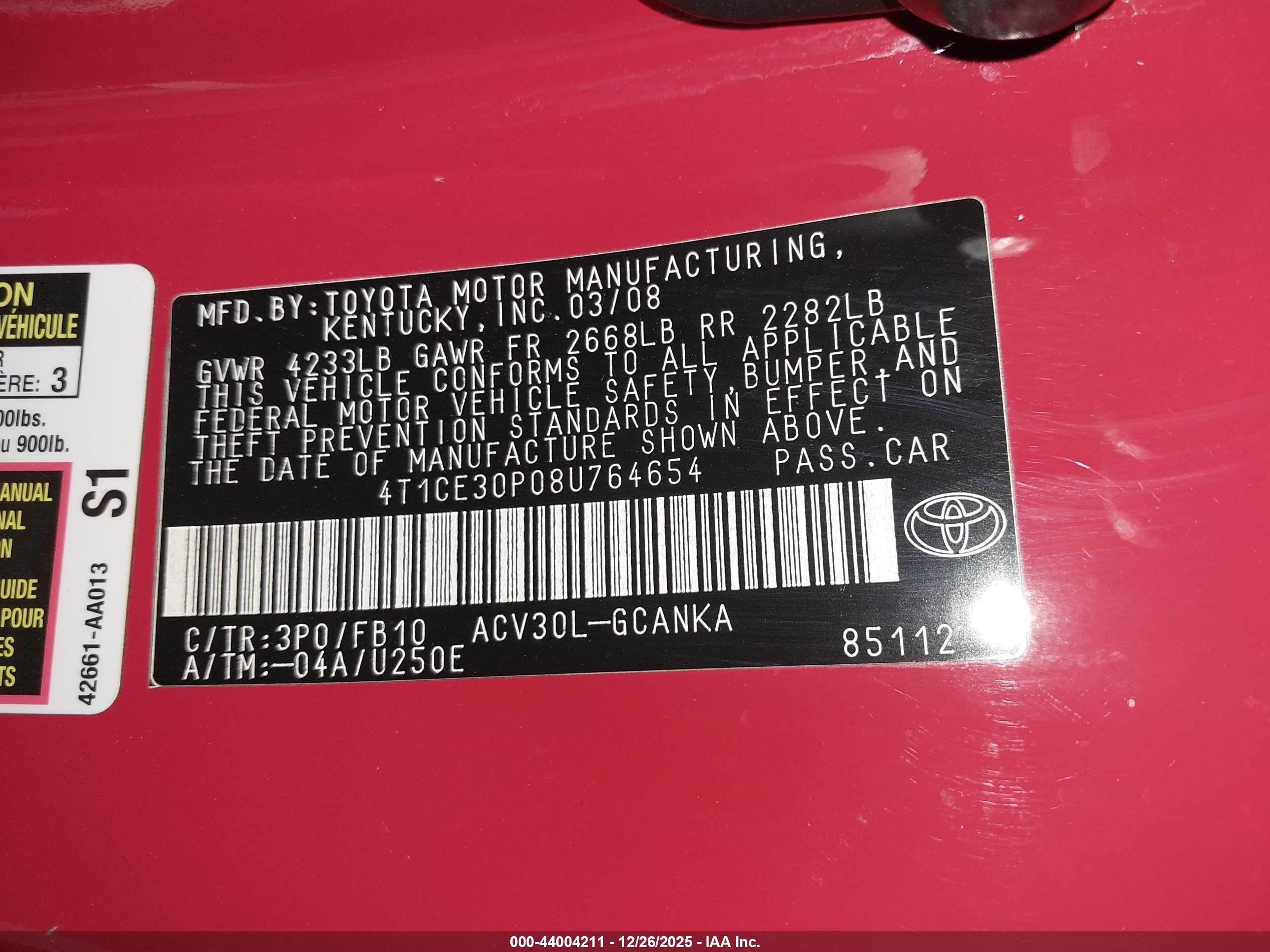 2008 Toyota Camry Solara Se Красный vin: 4T1CE30P08U764654