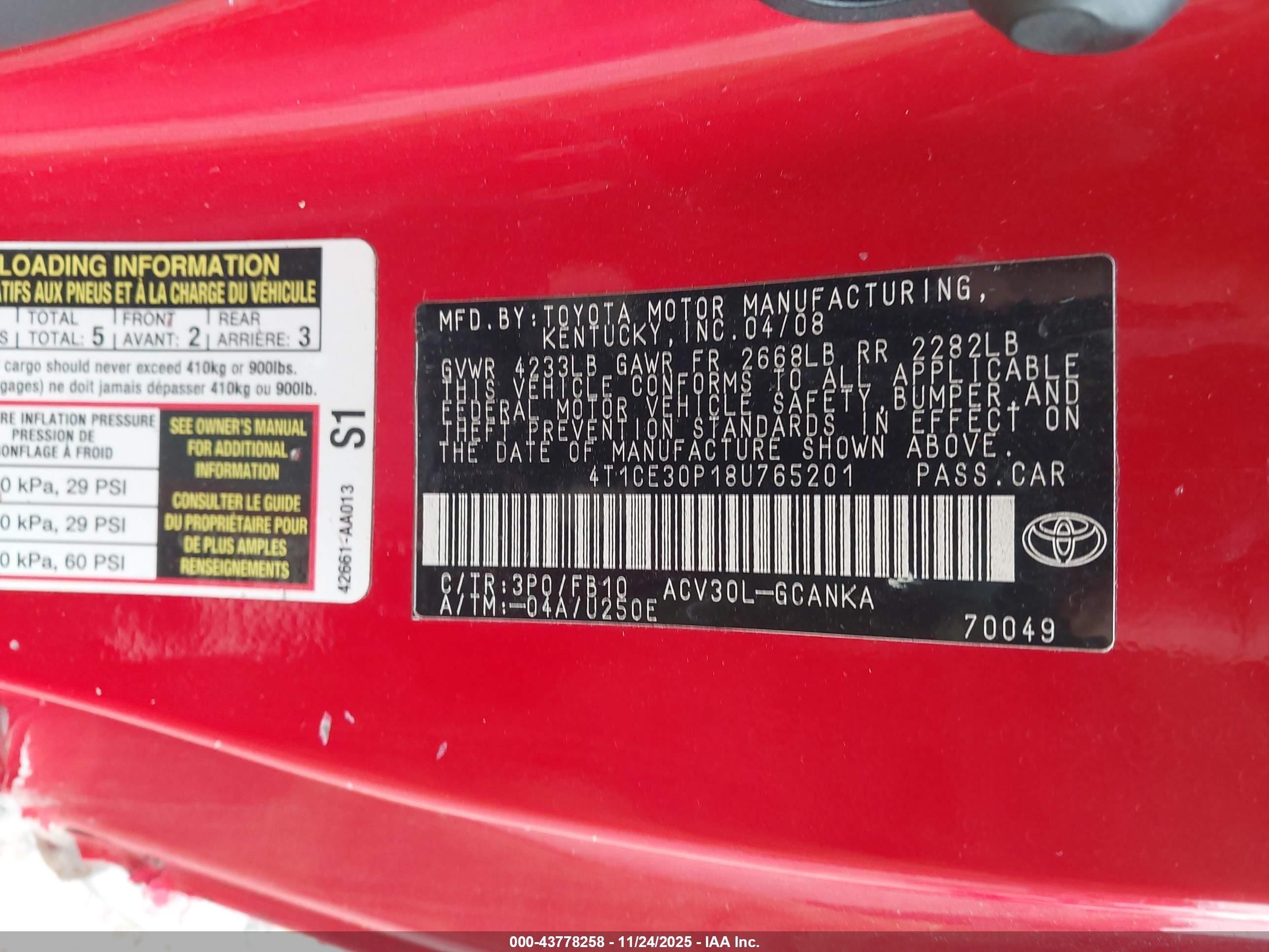 2008 Toyota Camry Solara Se Red vin: 4T1CE30P18U765201