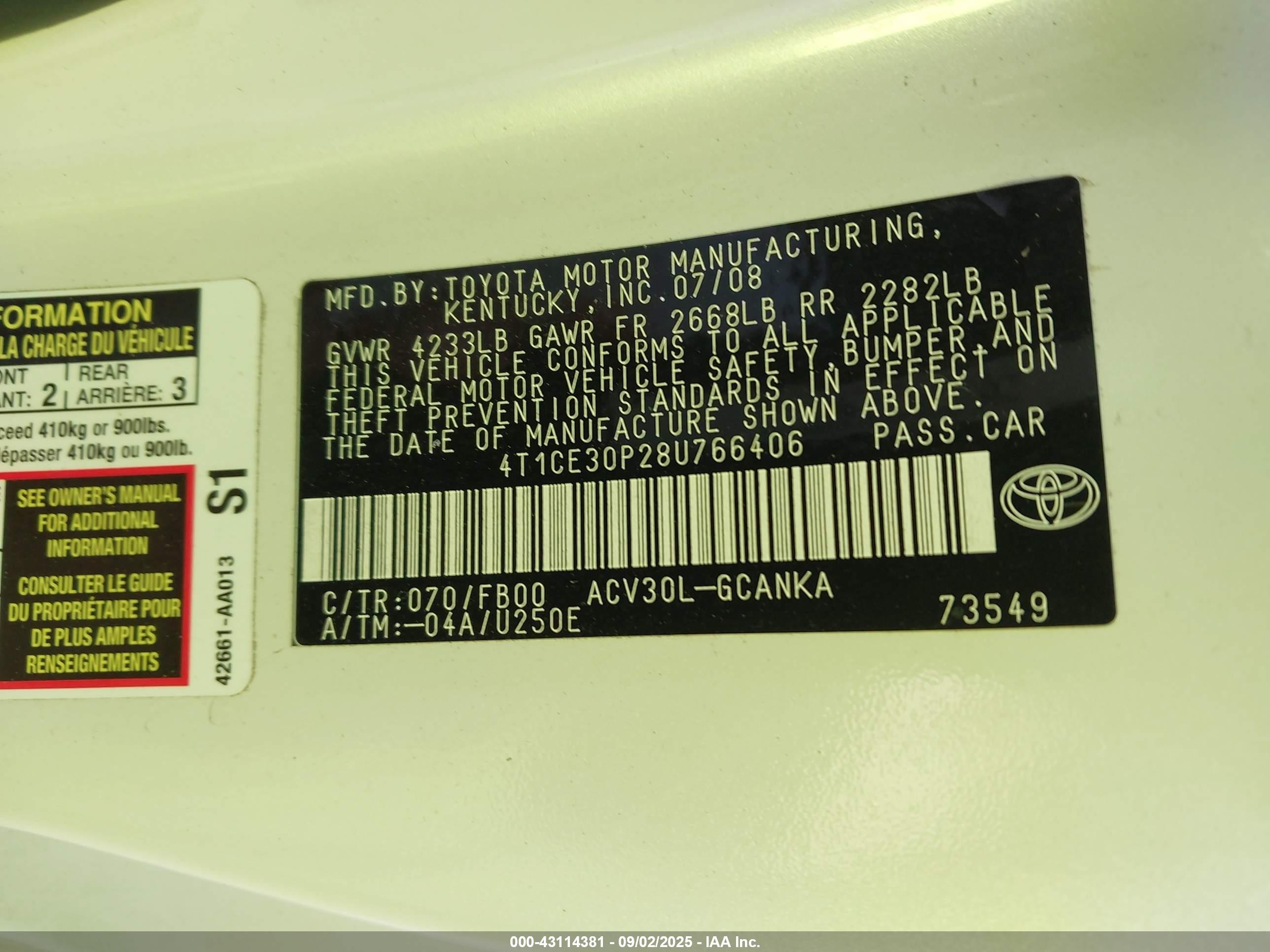 2008 Toyota Camry Solara Se White vin: 4T1CE30P28U766406